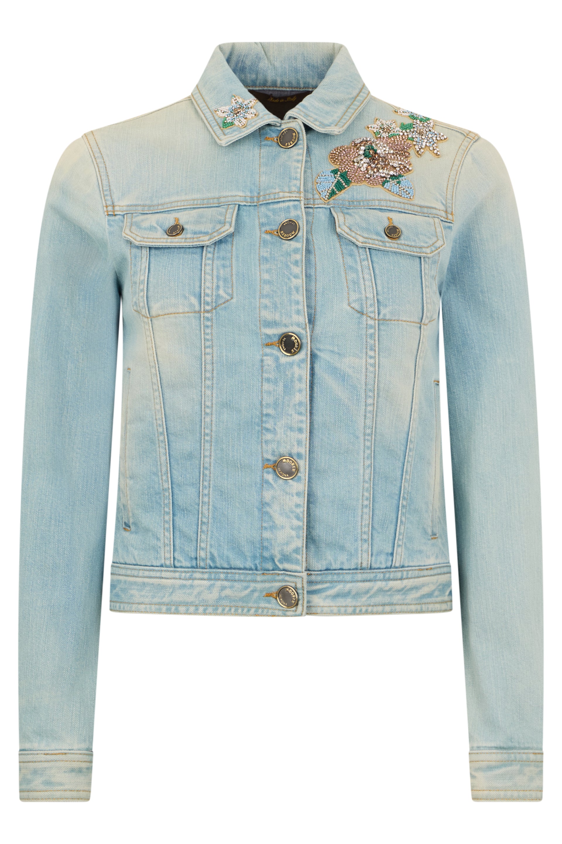 Blue denim jacket with floral embroidery