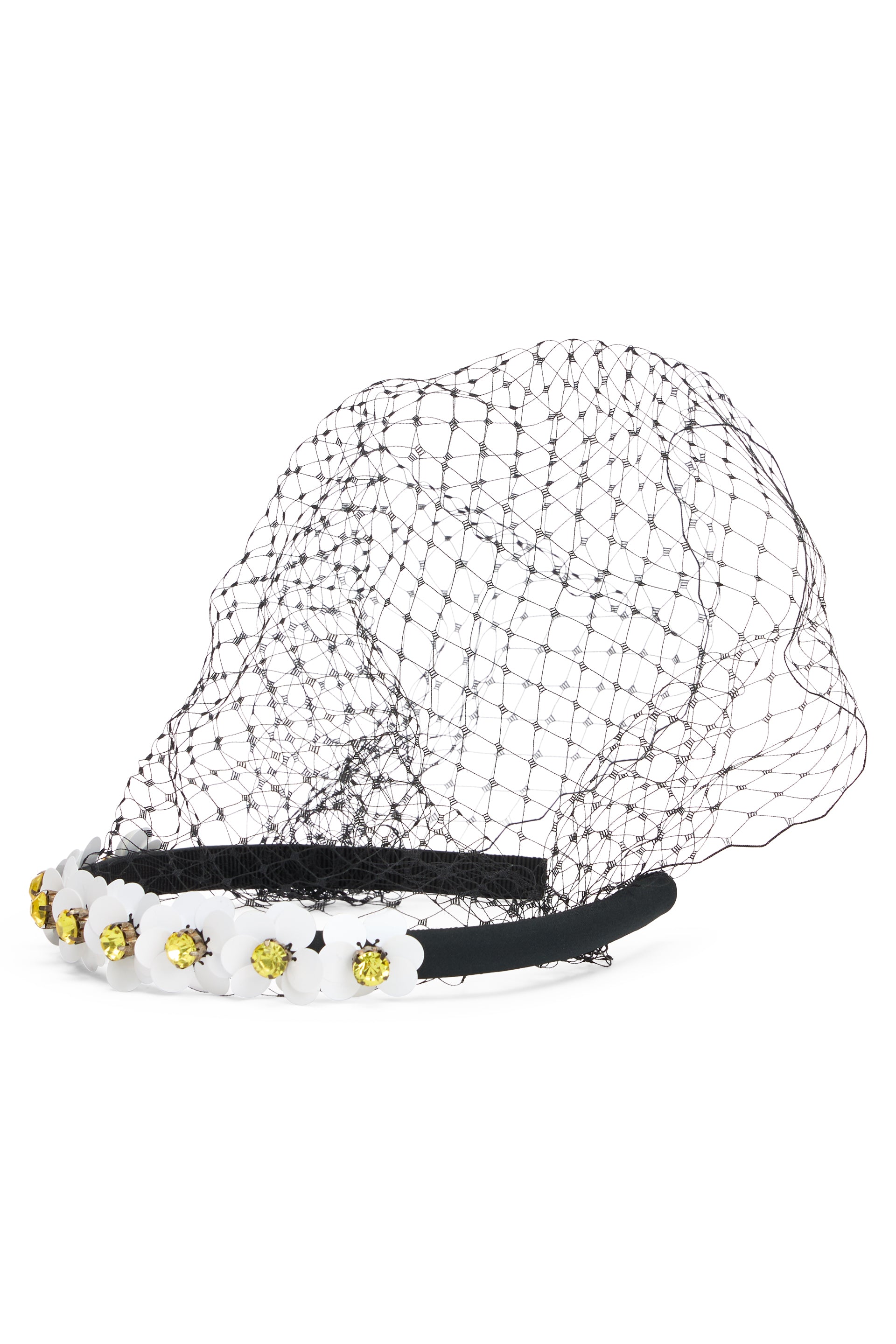 Elegant headband with mesh, flowers and luminous rhinestones.