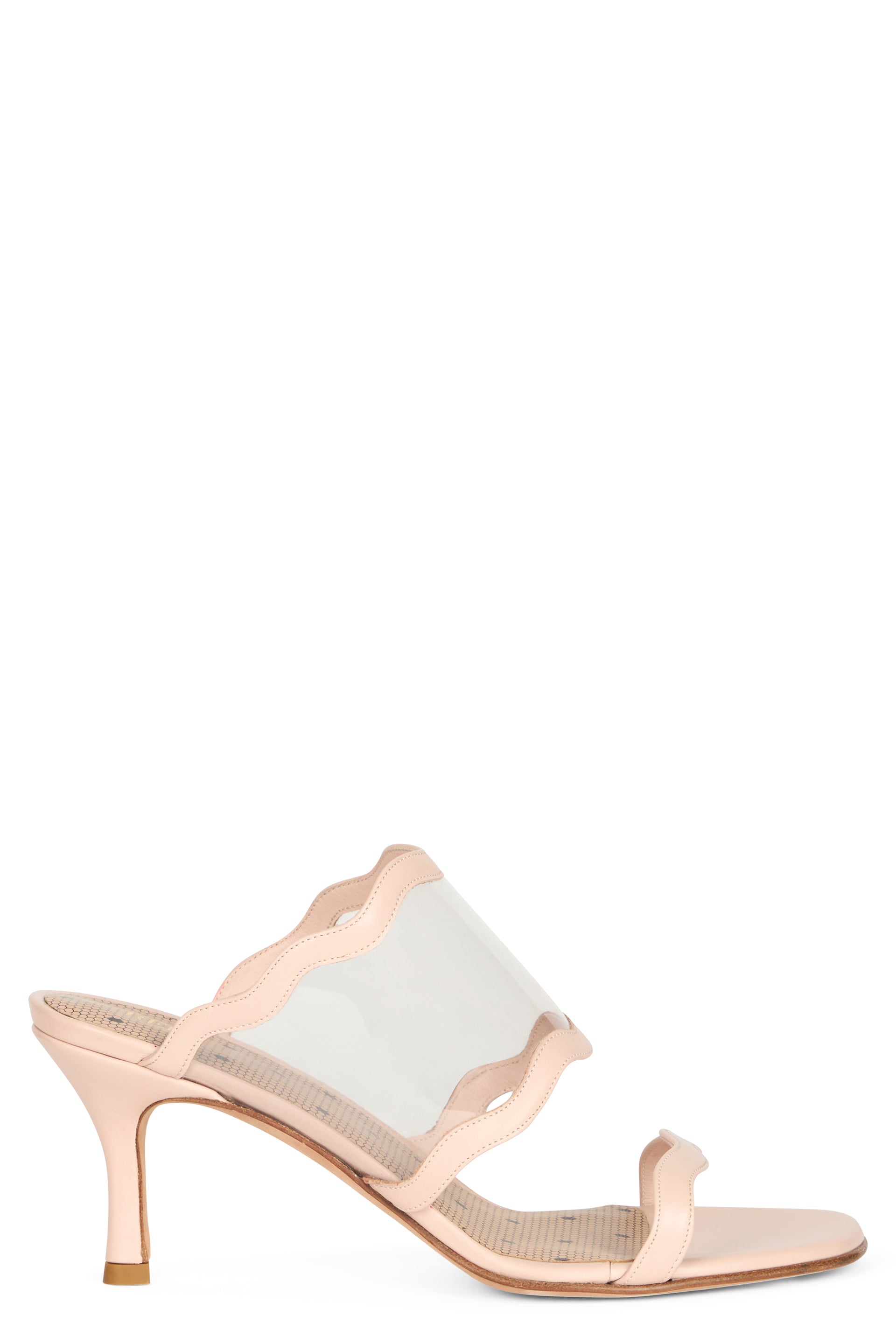Beige elegant sandals with a medium heel.