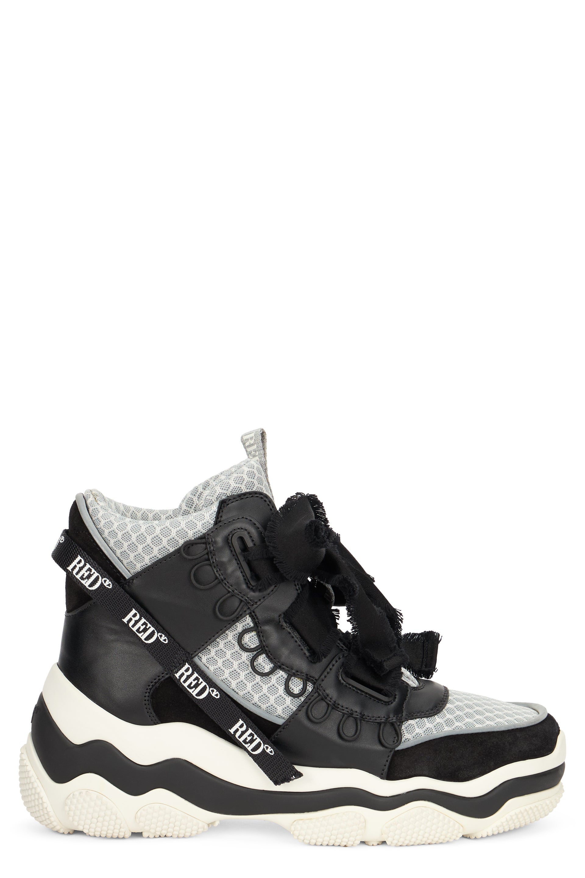 High black, white and gray sneaker with trendy design.