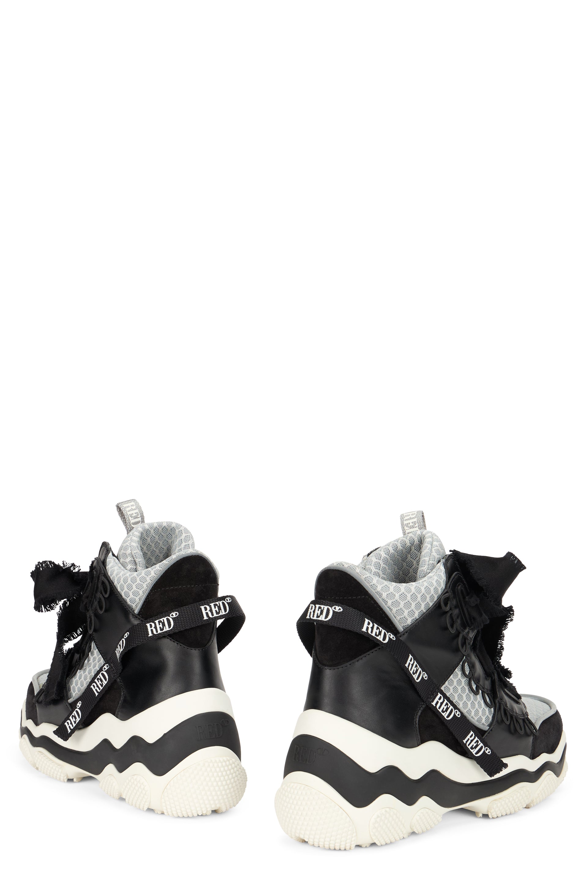 High black, white and gray sneaker with trendy design.