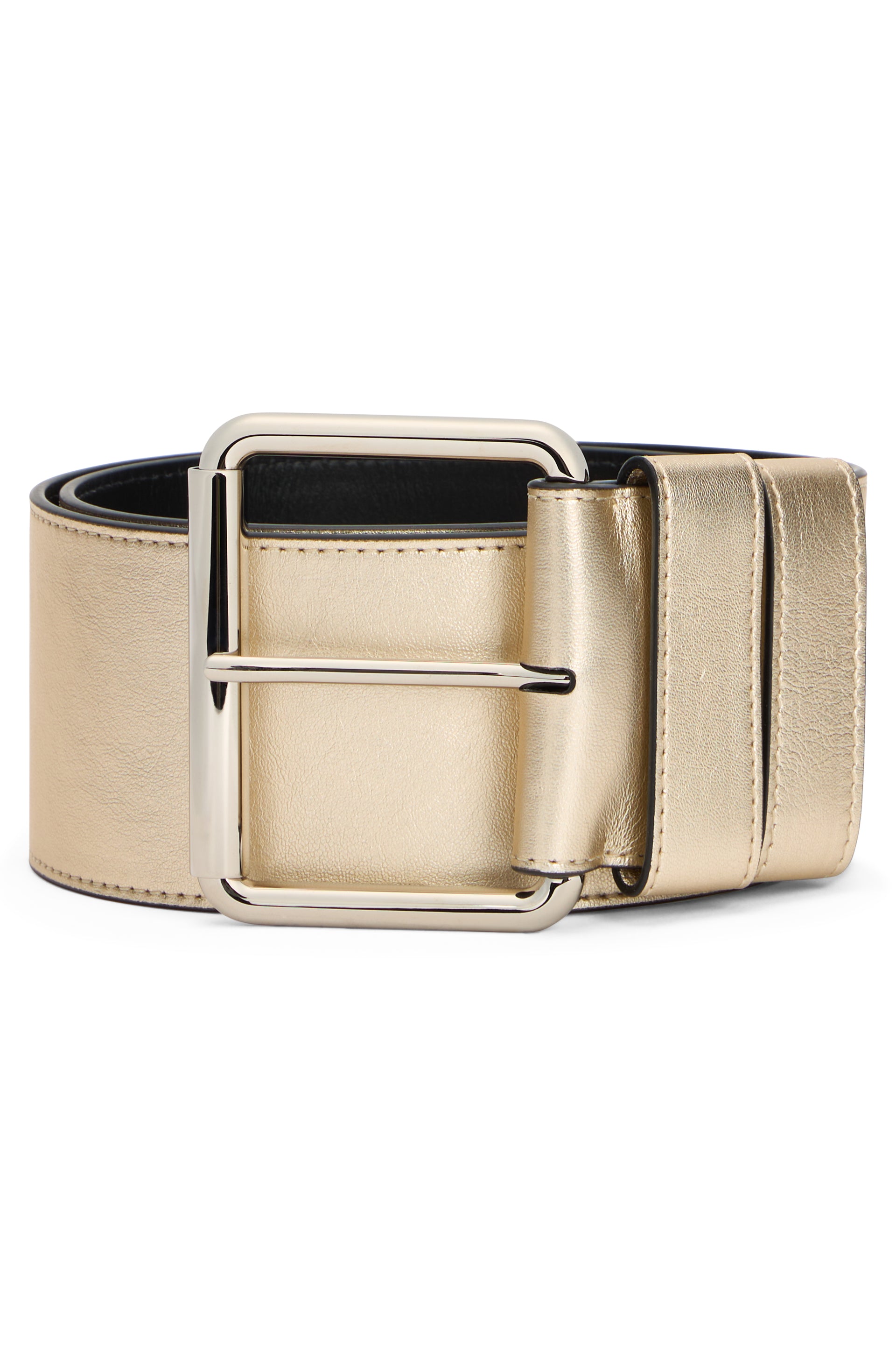 Gold leather belt with shiny buckle.