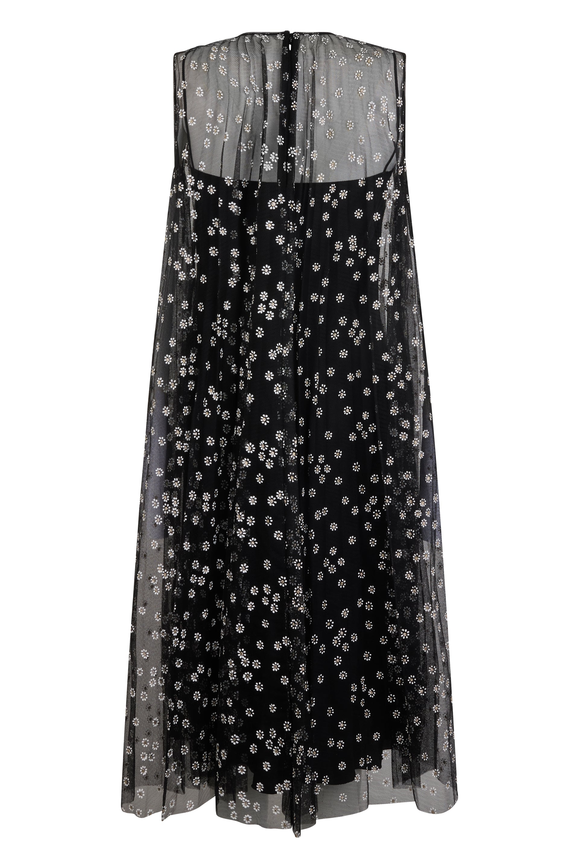 Elegant black midi dress with floral details.