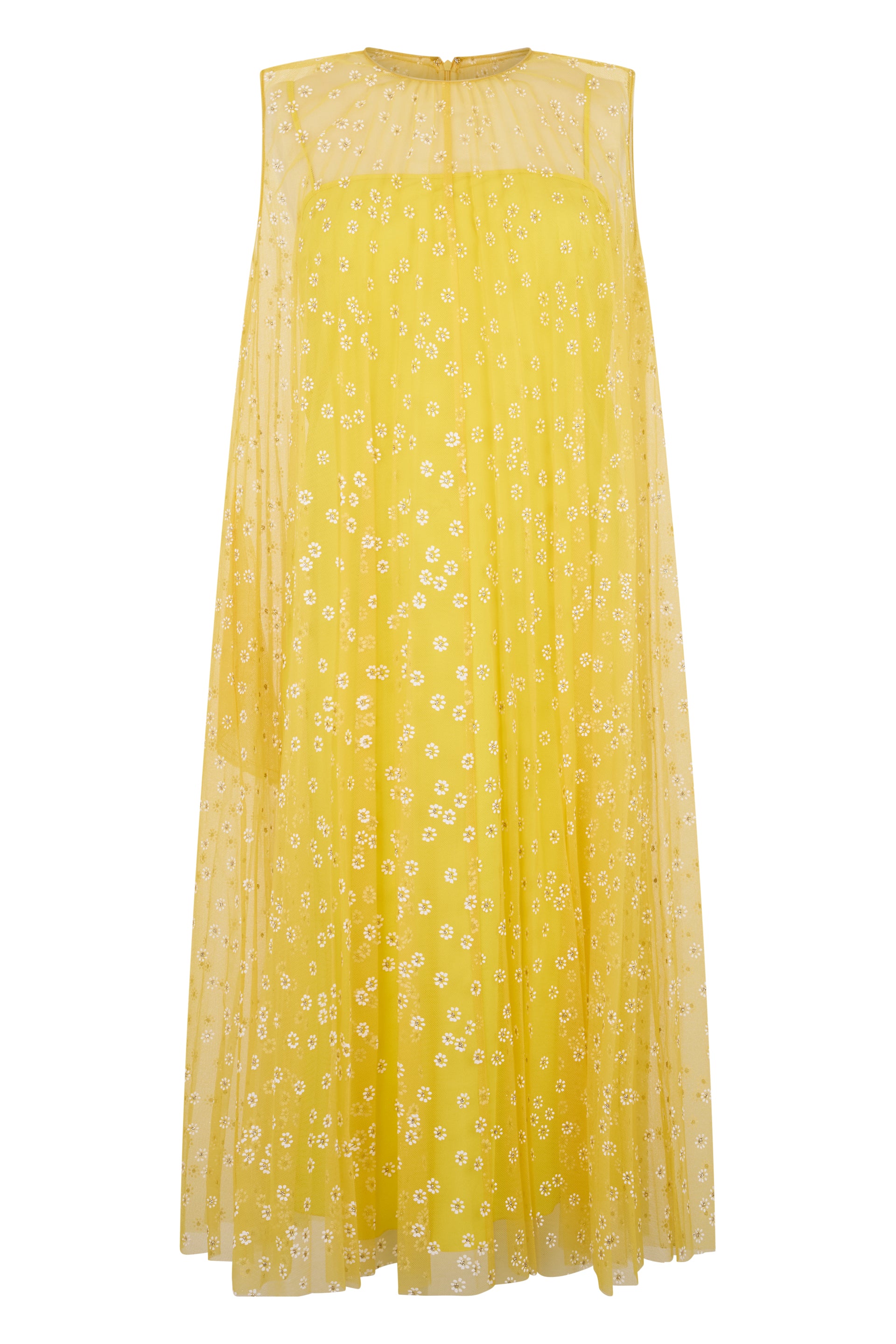 Yellow midi dress without sleeves with floral pattern