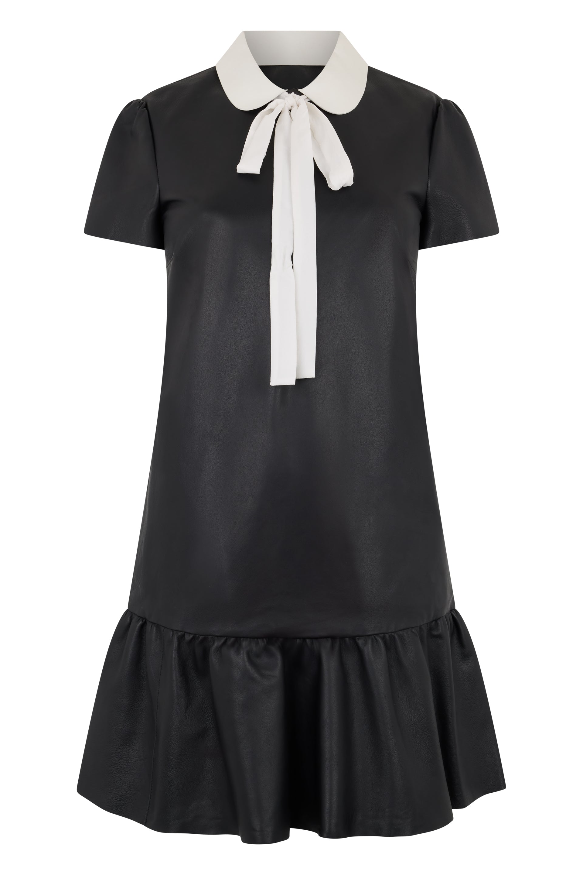 Elegant black leather dress with white collar, minimal and chic.