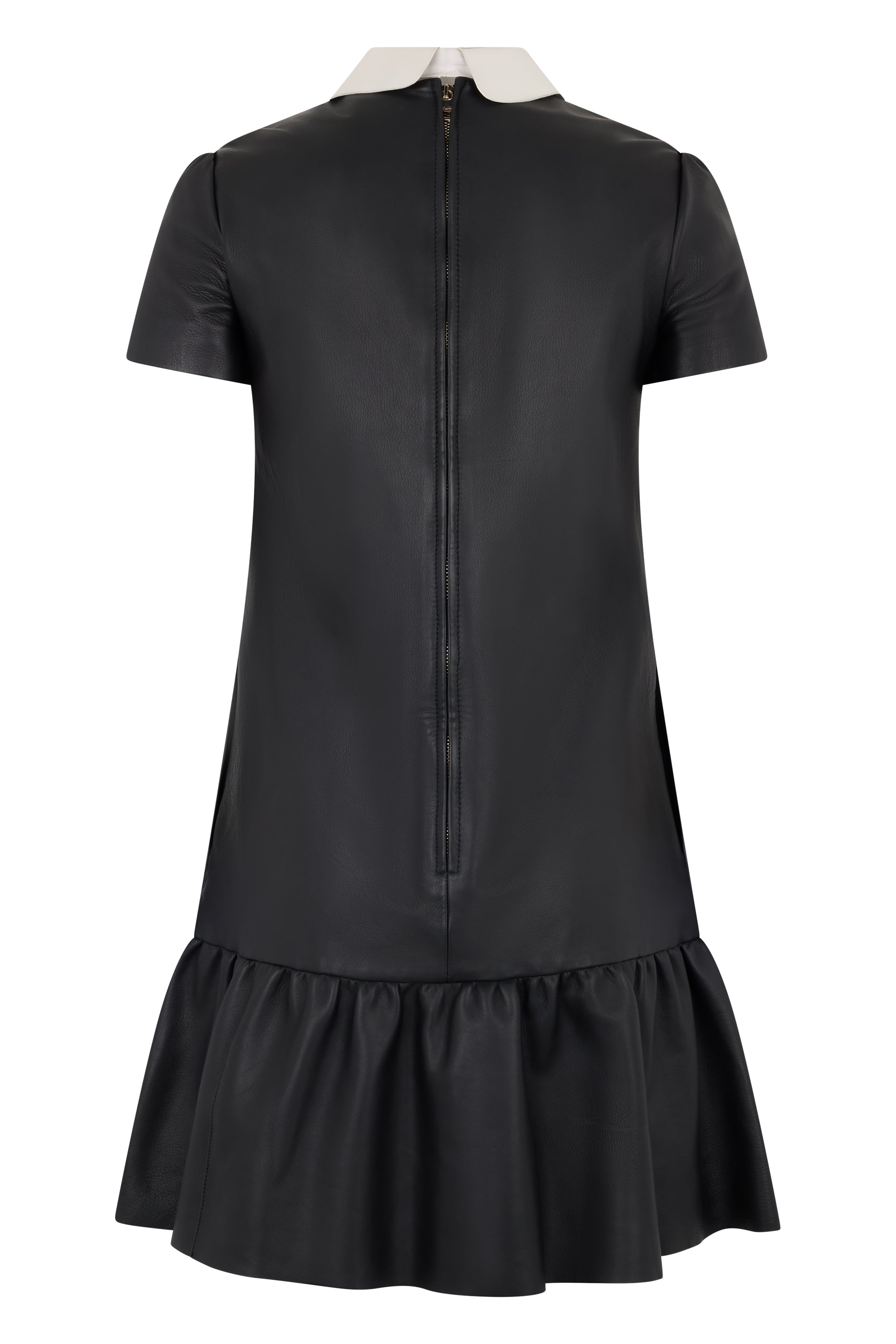 Elegant black leather dress with white collar, minimal and chic.