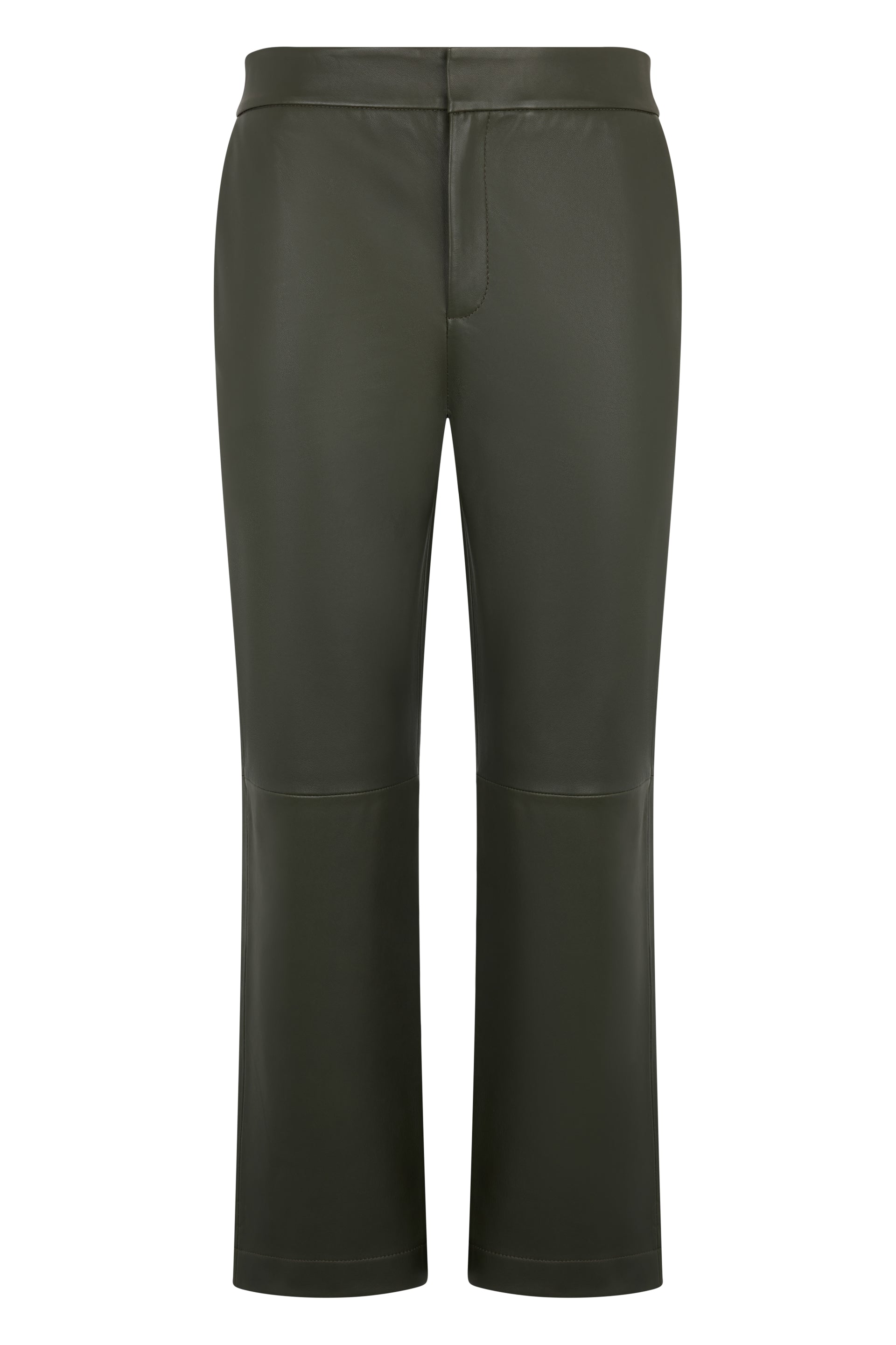 Dark green leather pants, minimal and versatile.