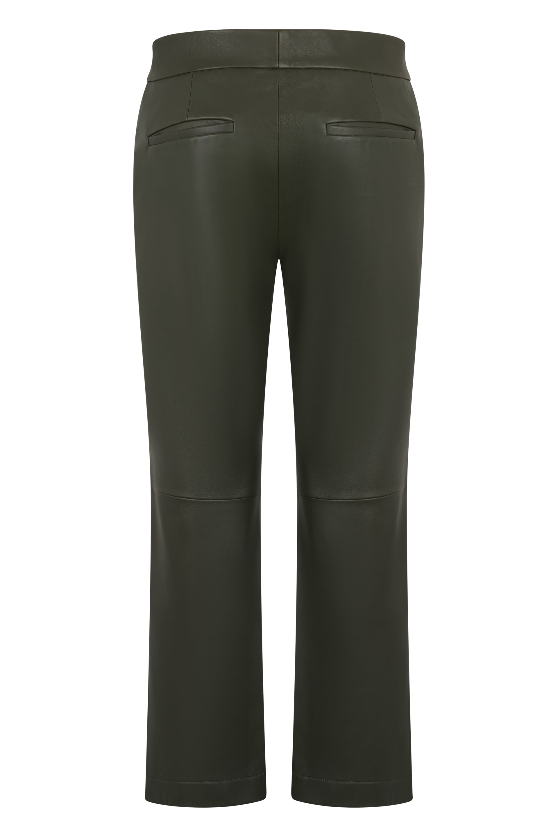 Dark green leather pants, minimal and versatile.