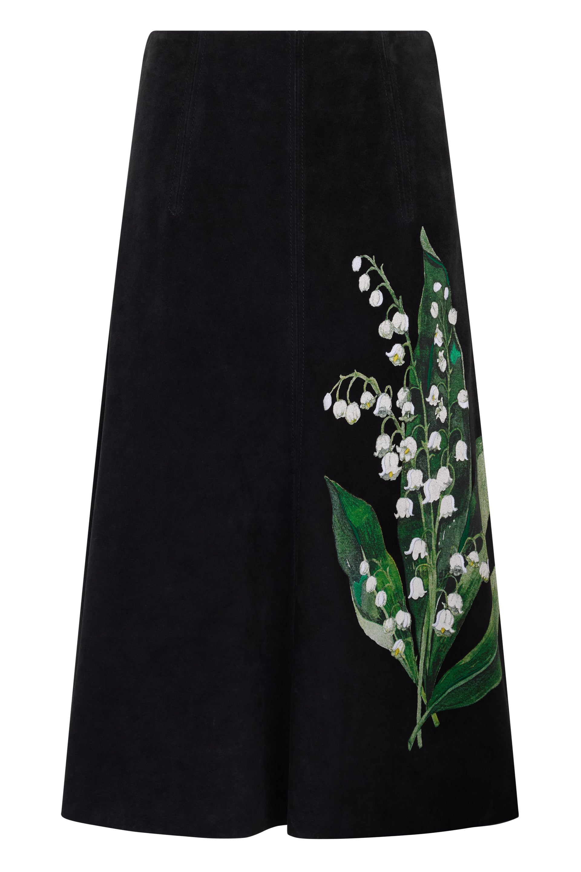 Black midi skirt with elegant floral applications.