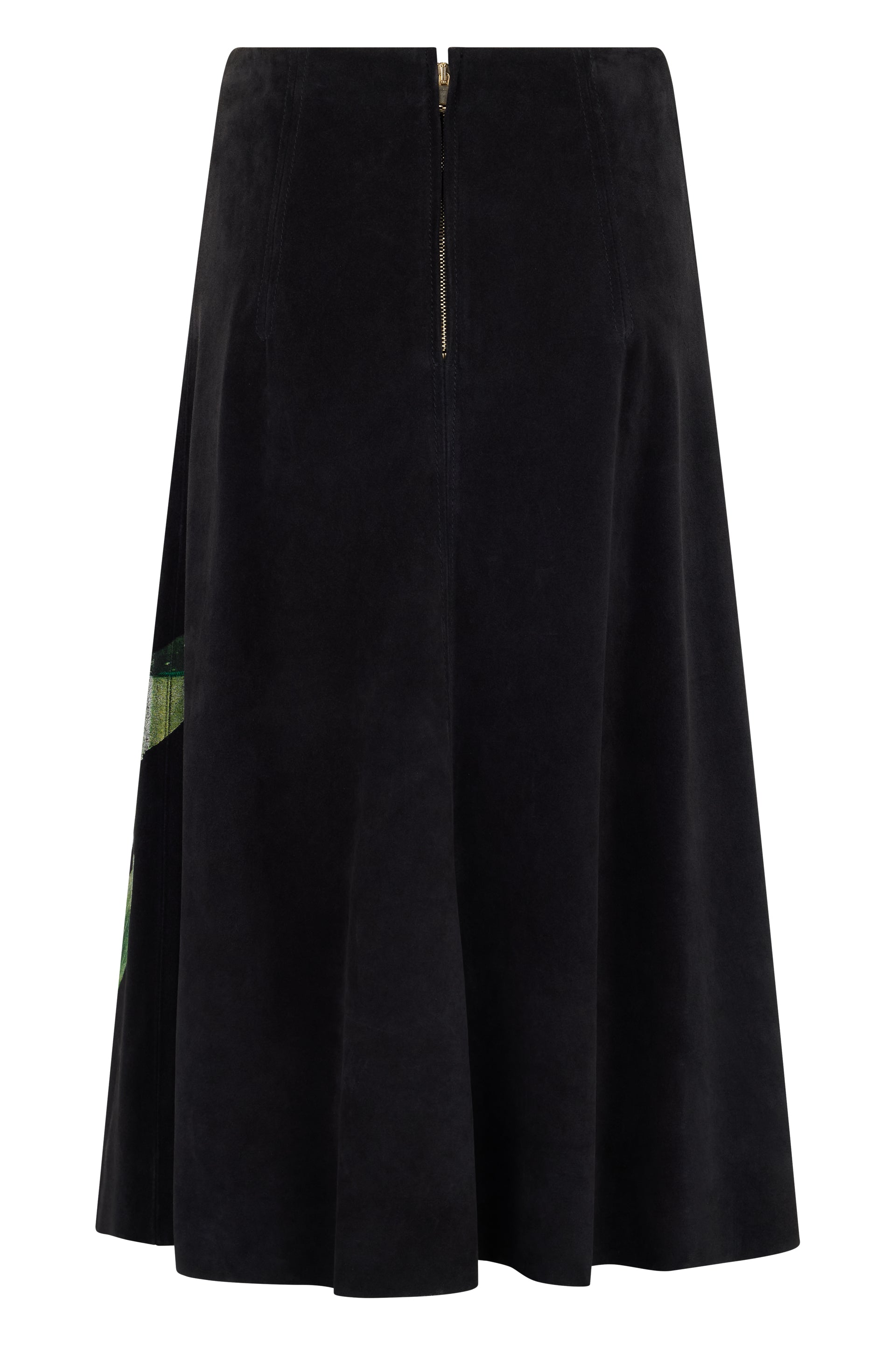 Black midi skirt with elegant floral applications.