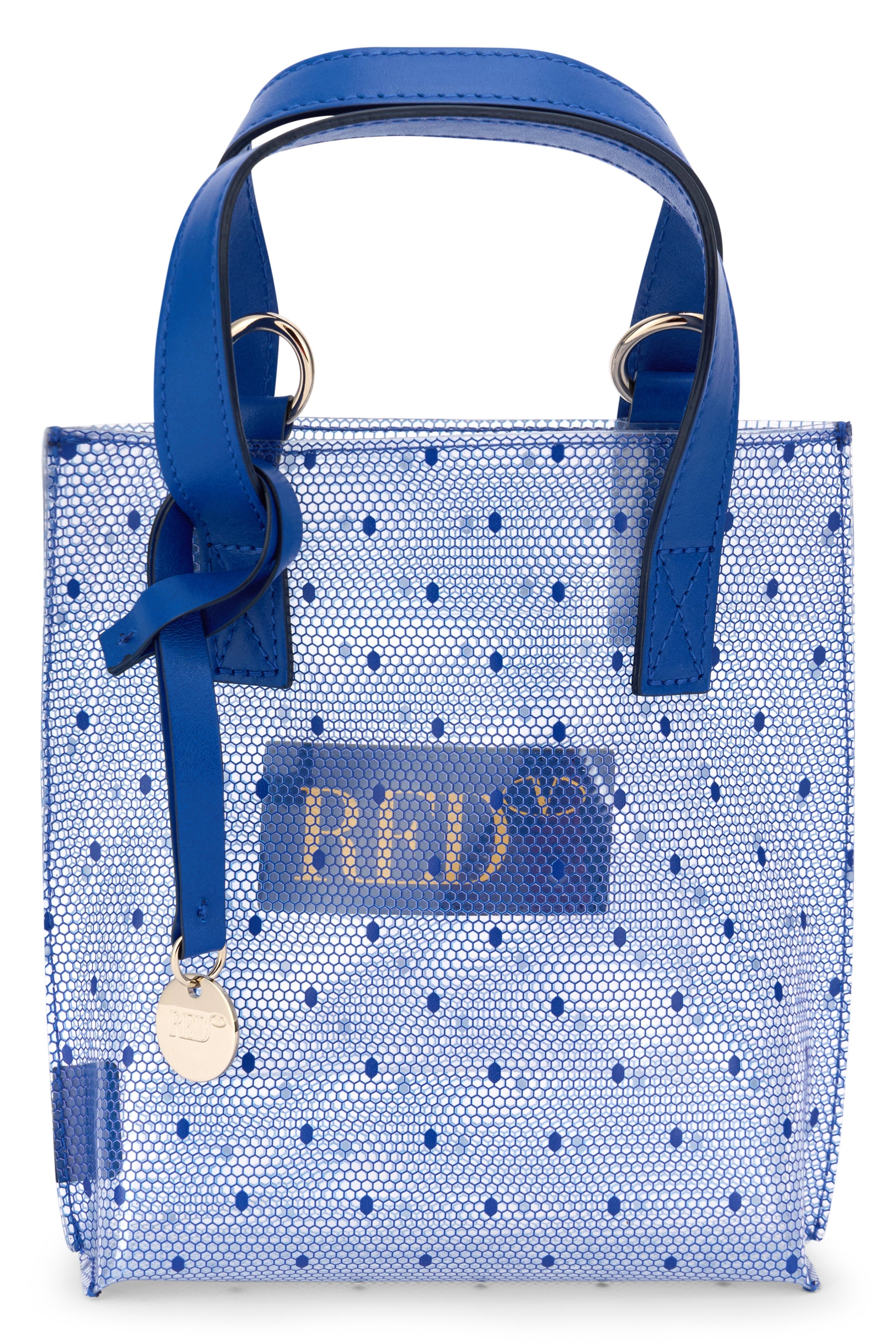 Transparent tote bag with details and blue dots.