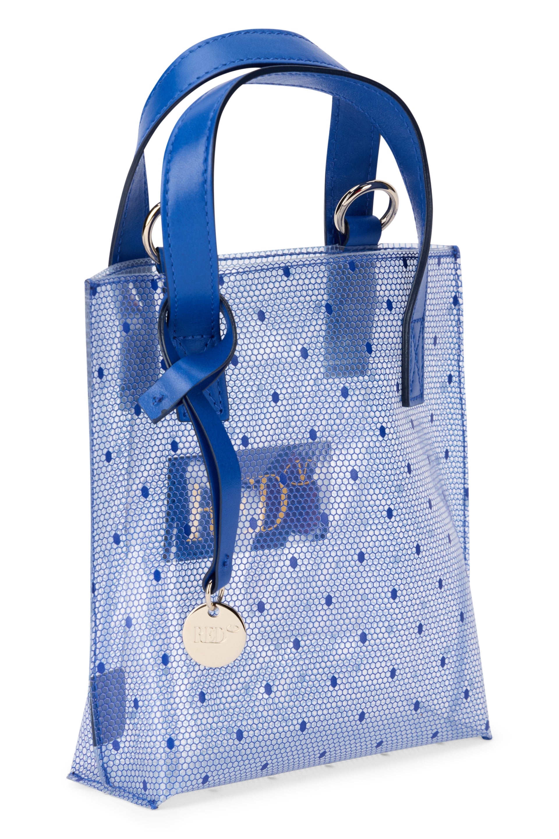 Transparent tote bag with details and blue dots.