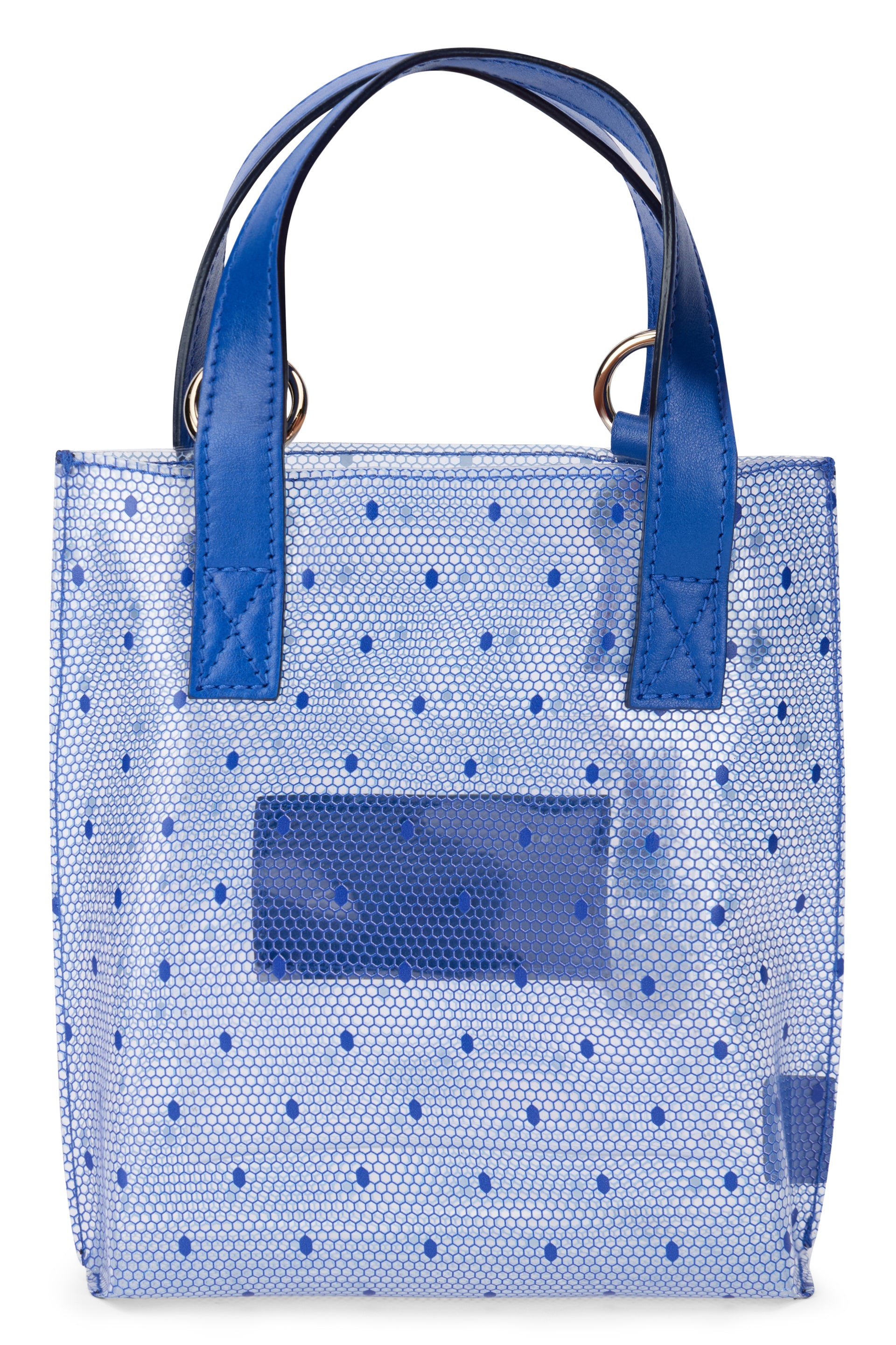 Transparent tote bag with details and blue dots.
