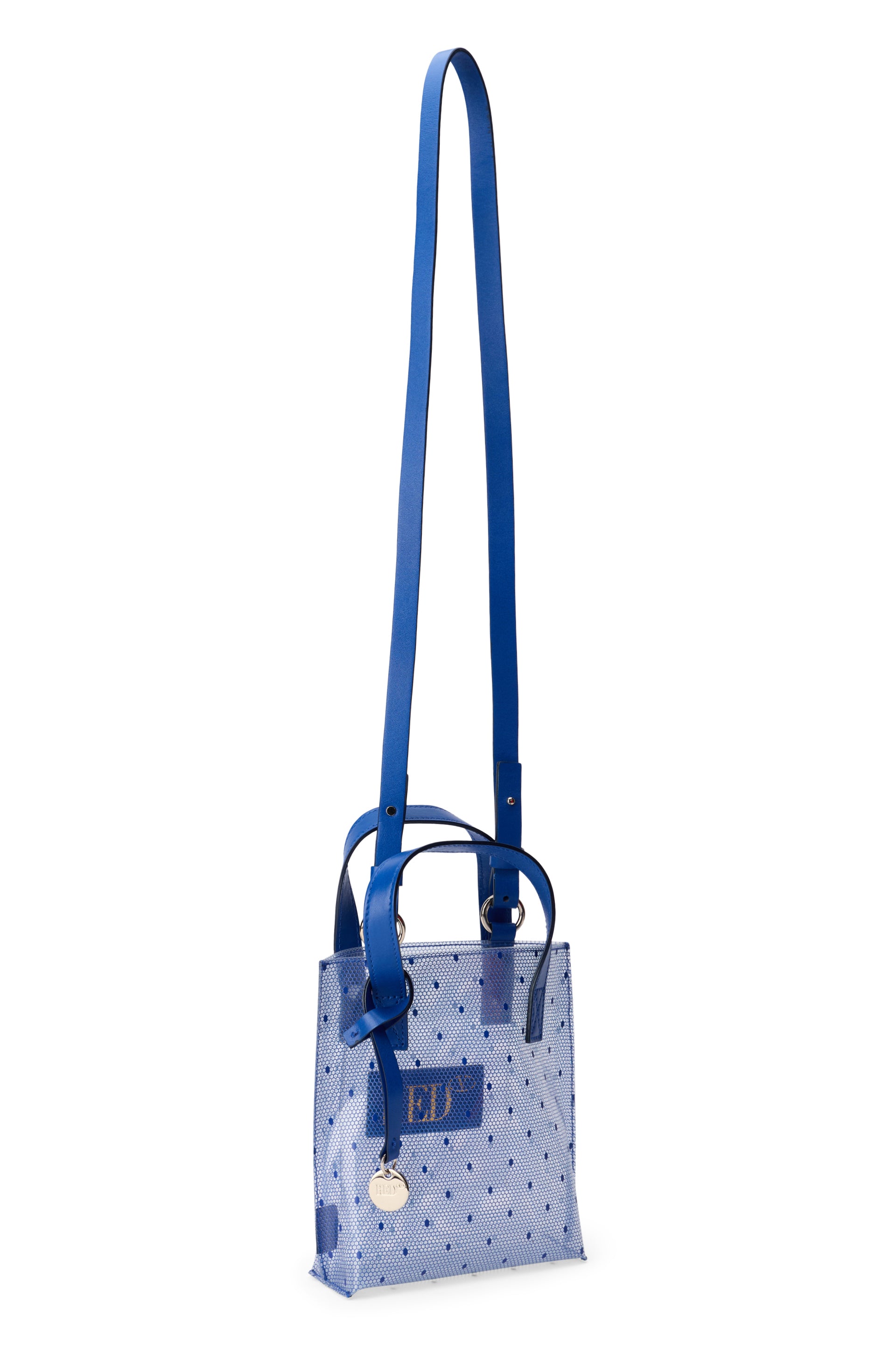 Transparent tote bag with details and blue dots.