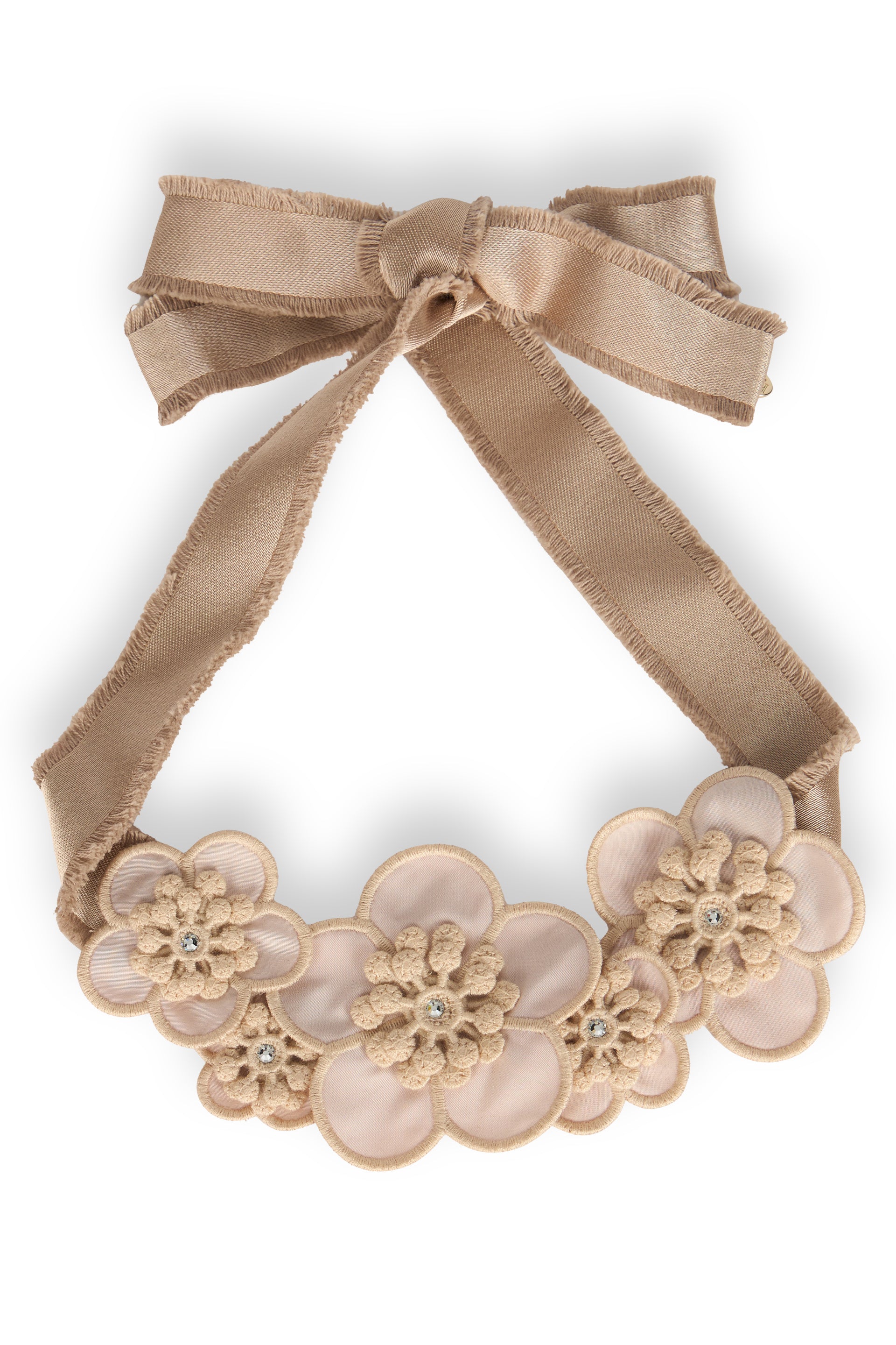 Elegant necklace with adjustable beige ribbon.