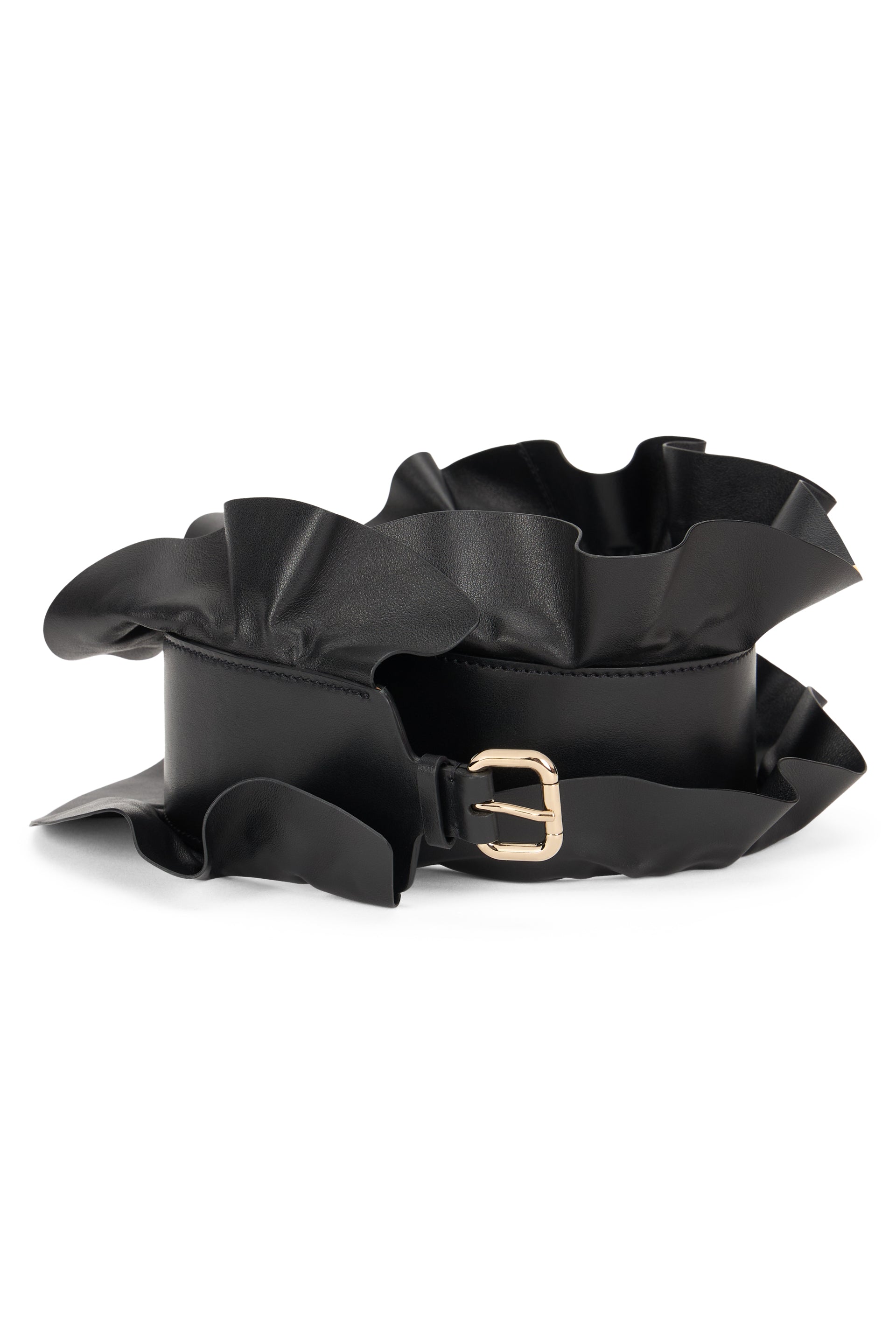 Black belt with gold buckle, elegant and modern.