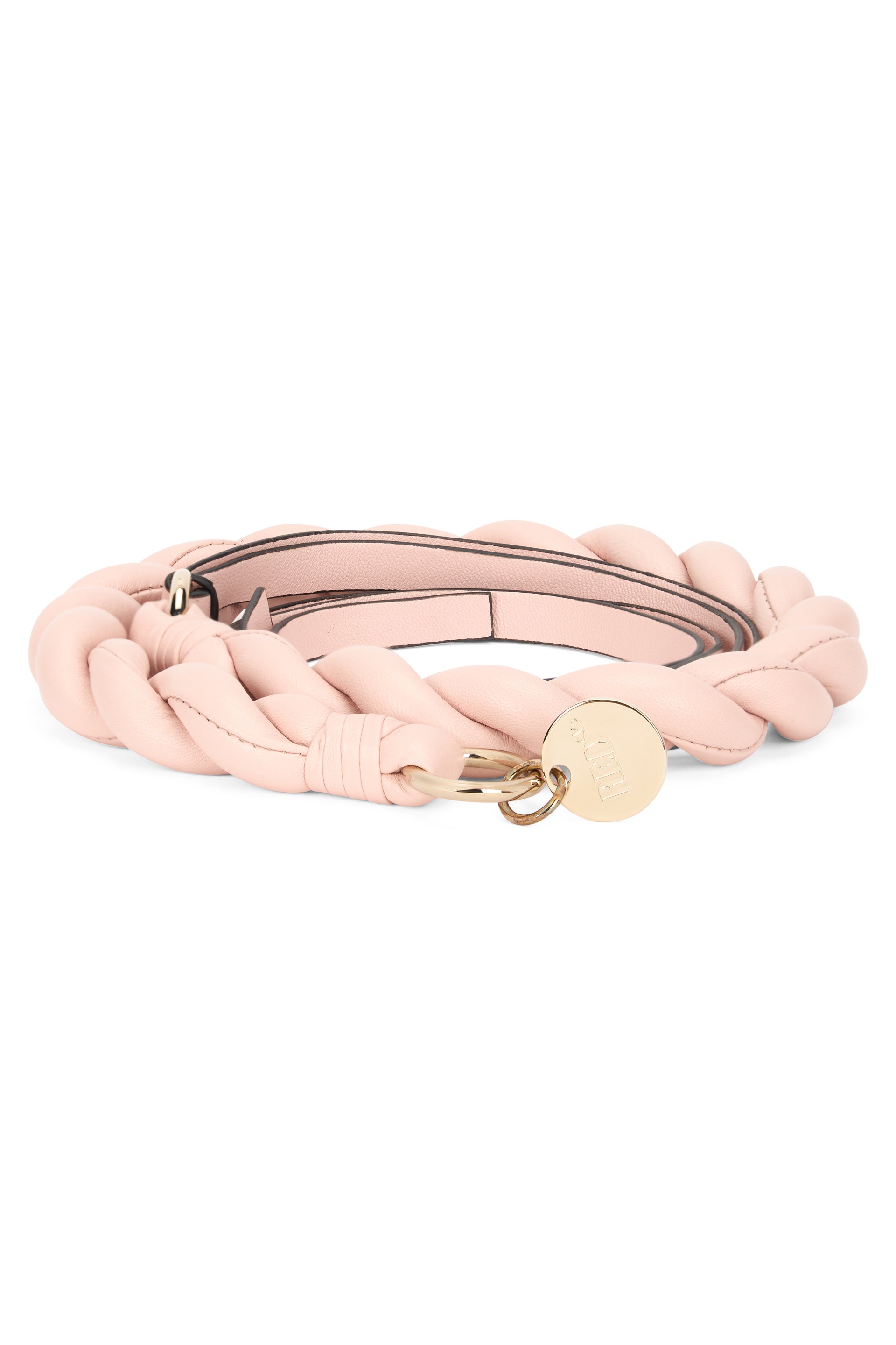 Pale pink belt with braided design, minimal and chic.