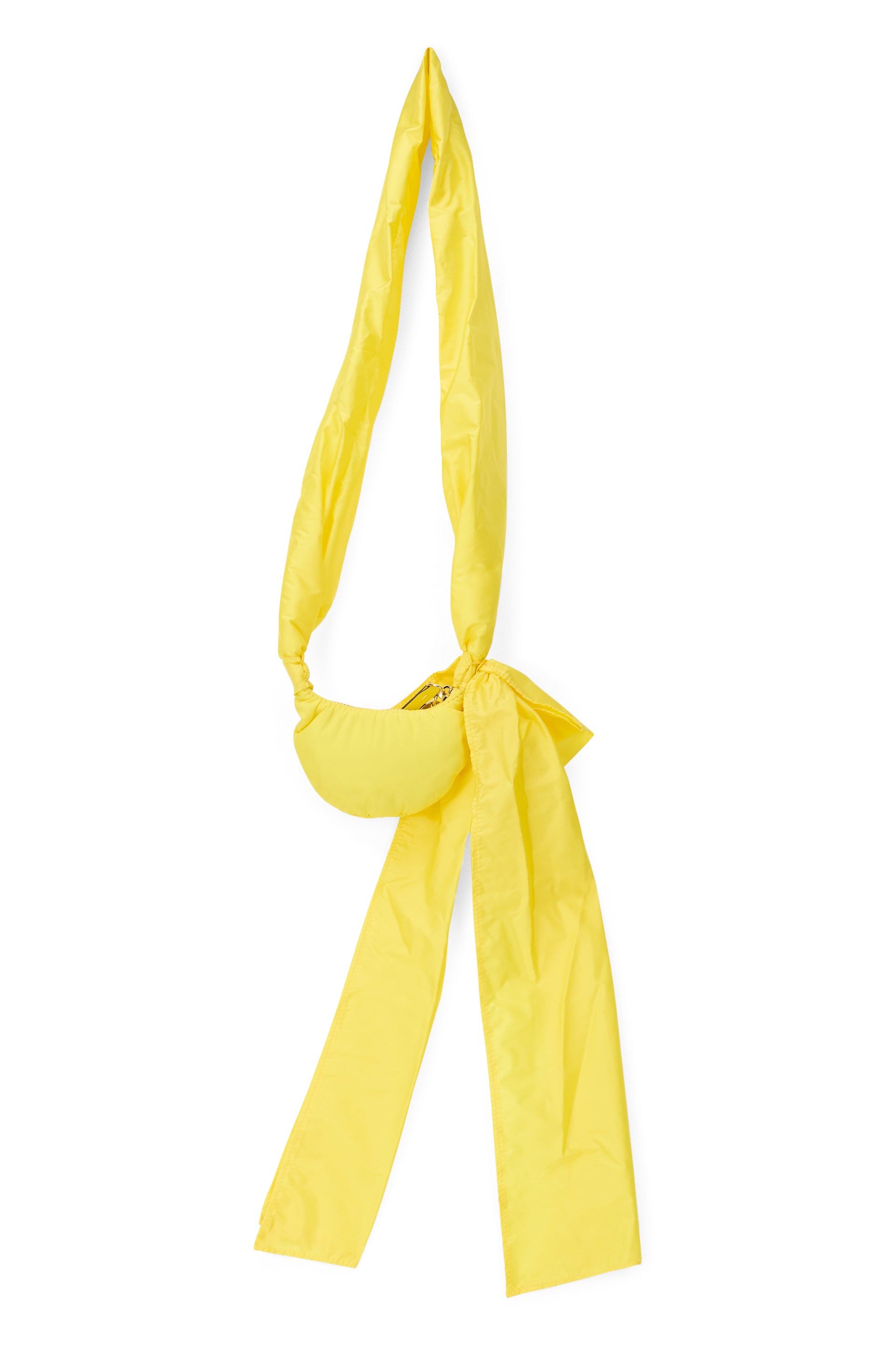 Elegant small yellow pouch with decorative bow.