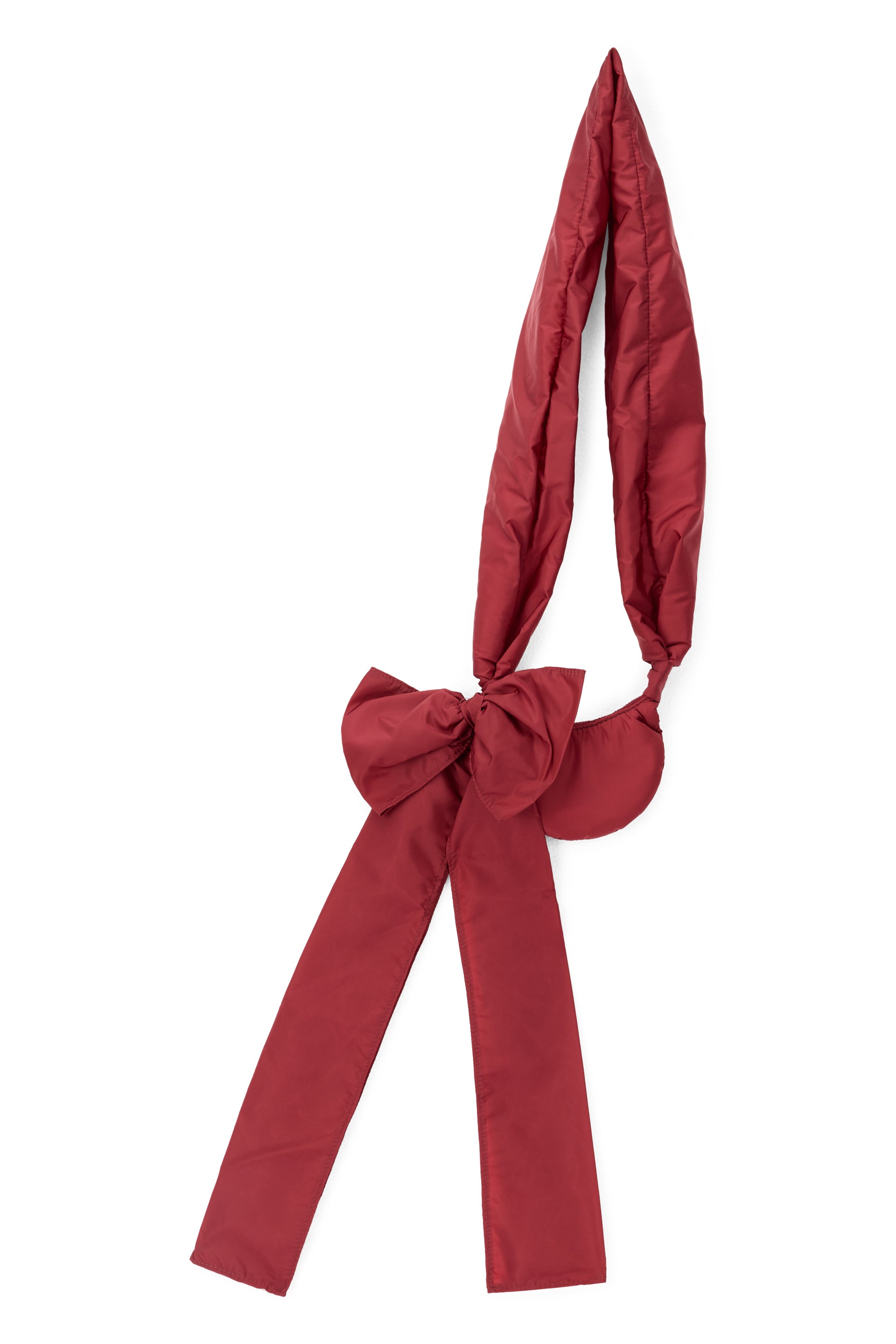 Elegant small shoulder bag in marsupial style in burgundy color.