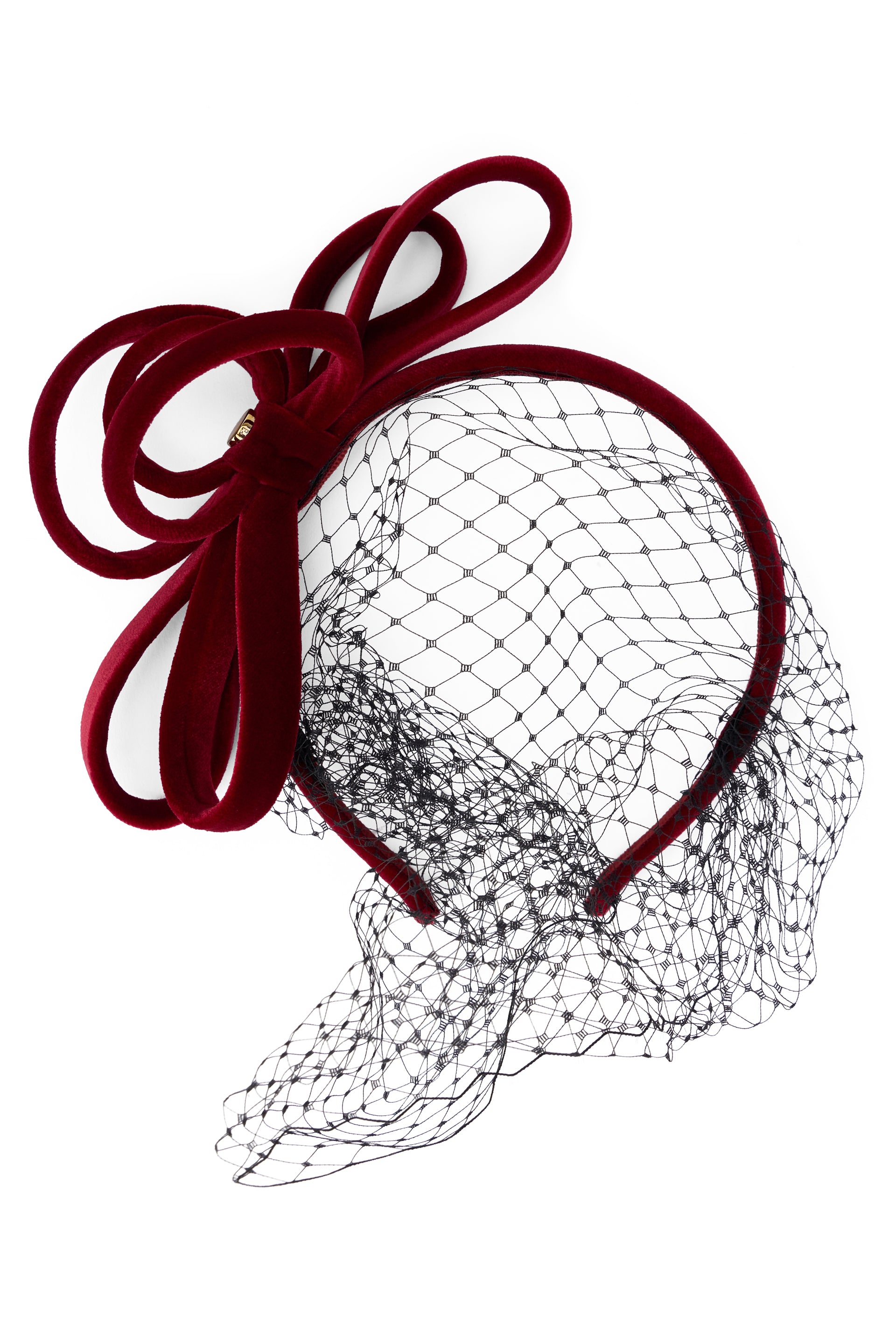 Elegant hairband in burgundy with bow and mesh, elegant and versatile.