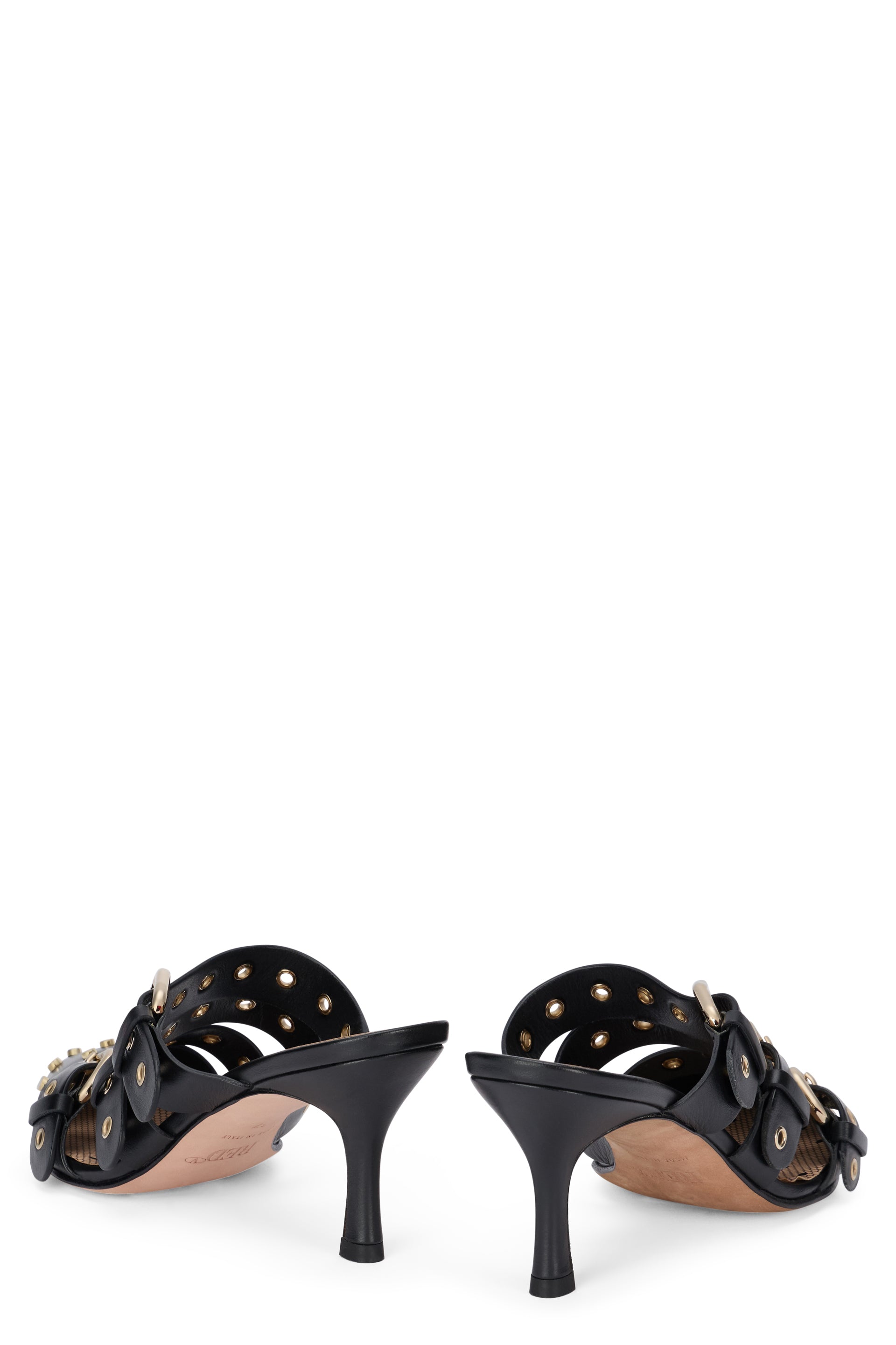 Elegant shoe with a medium heel and decorative buckles.