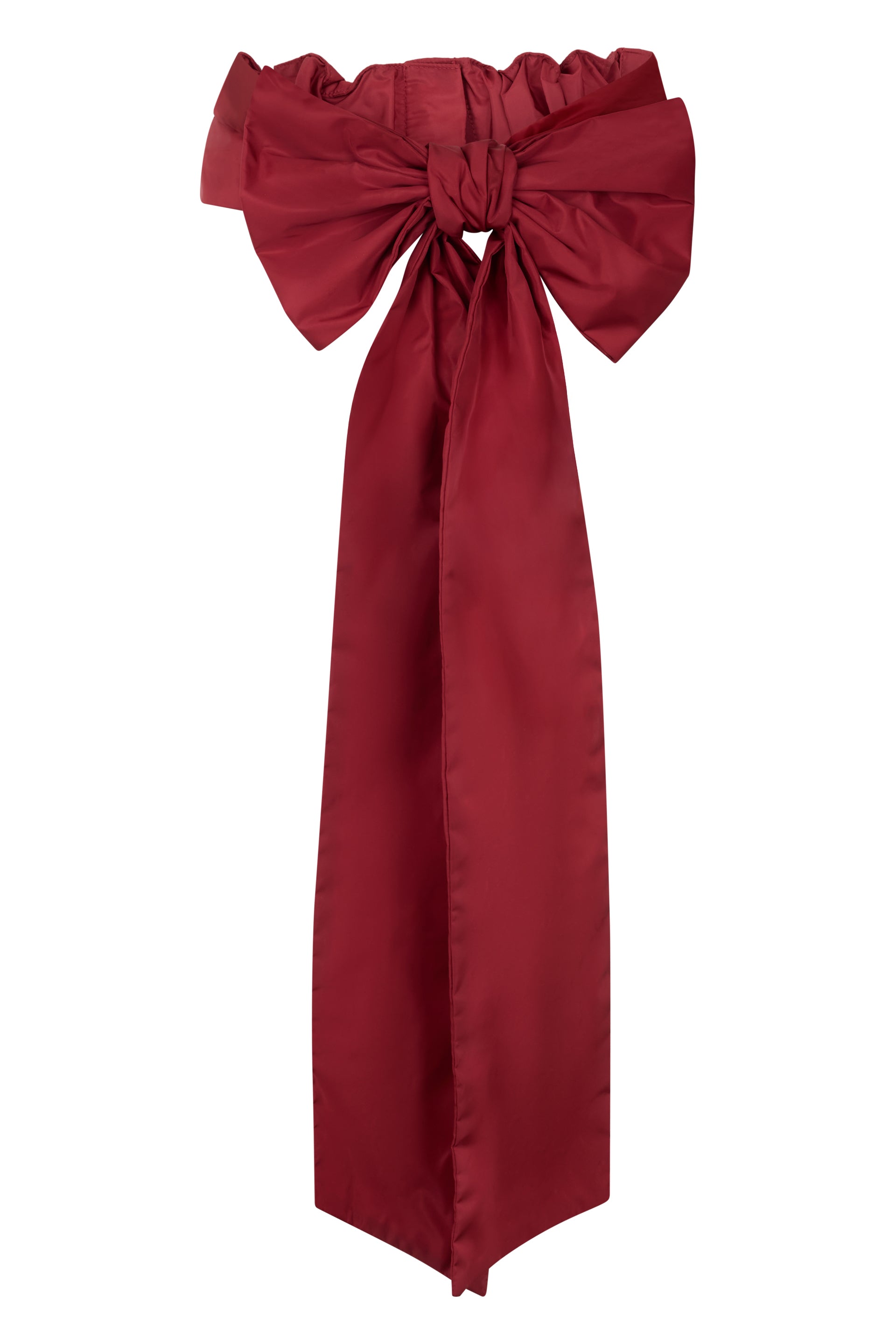 Decorative ribbon for hair in burgundy color with elegant bow.
