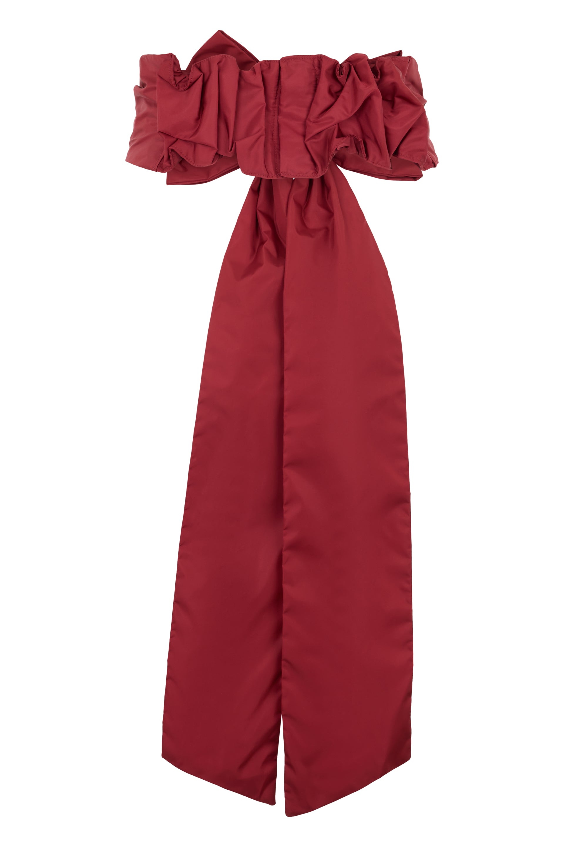 Decorative ribbon for hair in burgundy color with elegant bow.