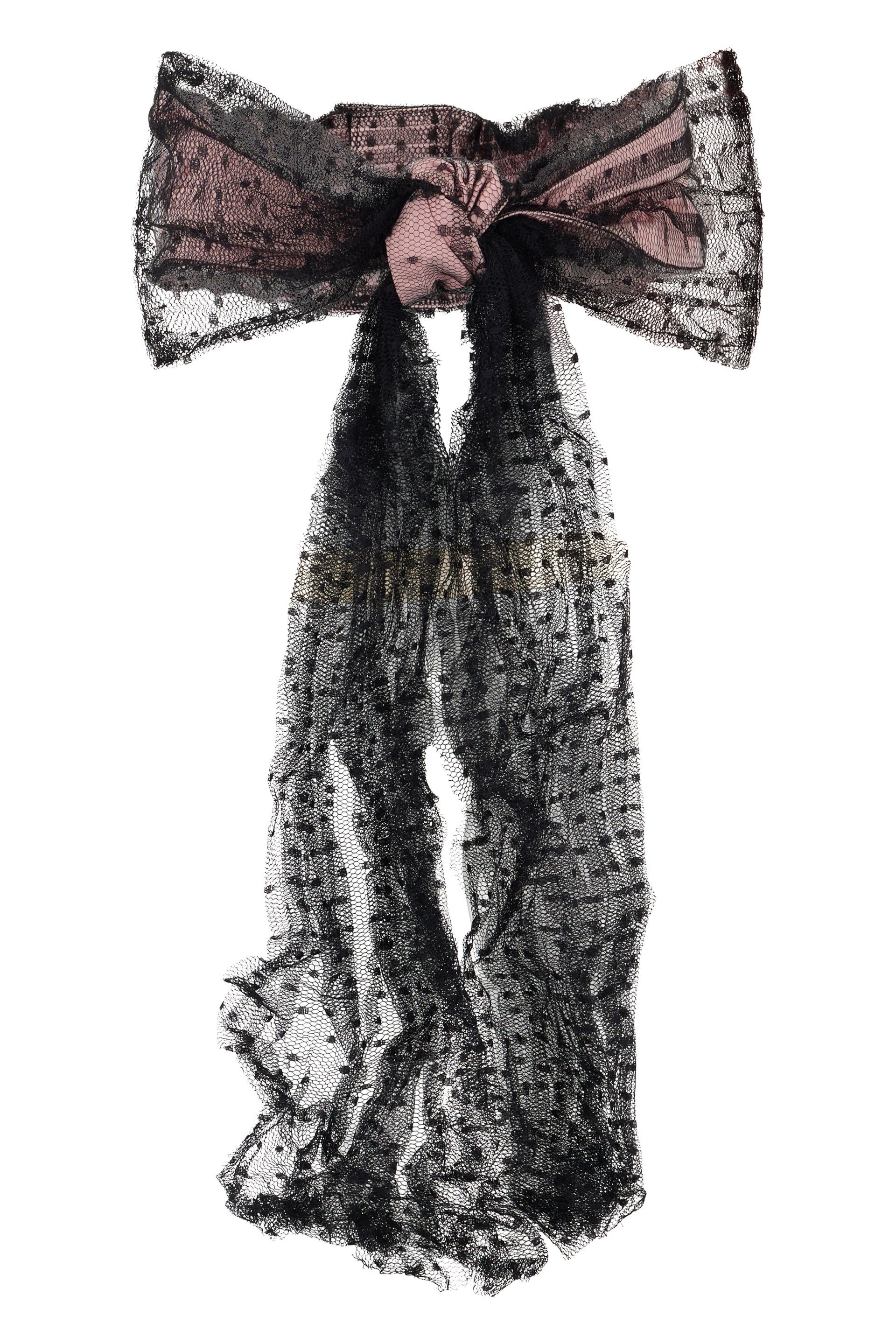 Elegant hair accessory with a bow in shades of pink with a black net that creates an elegant contrast.