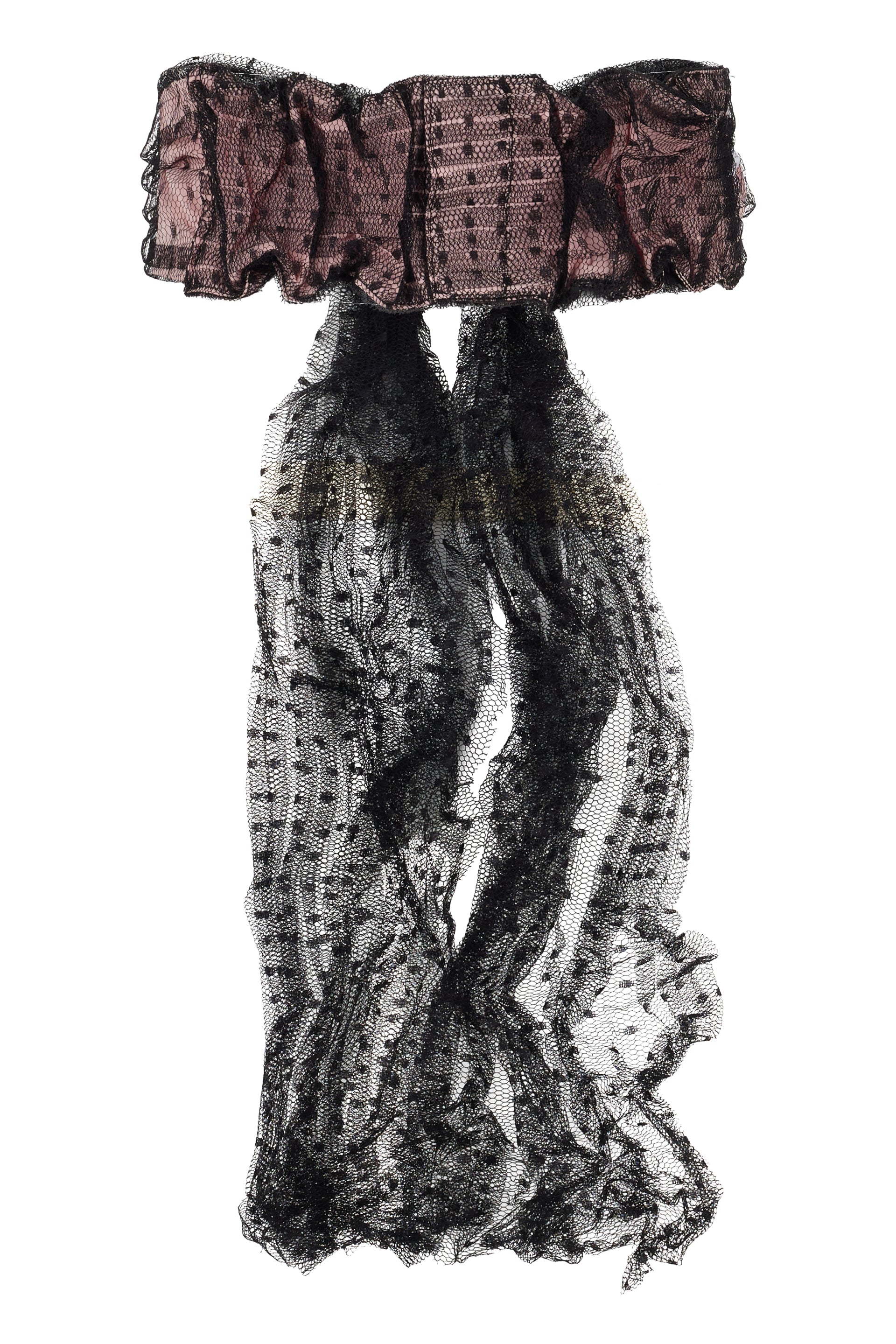 Elegant hair accessory with a bow in shades of pink with a black net that creates an elegant contrast.