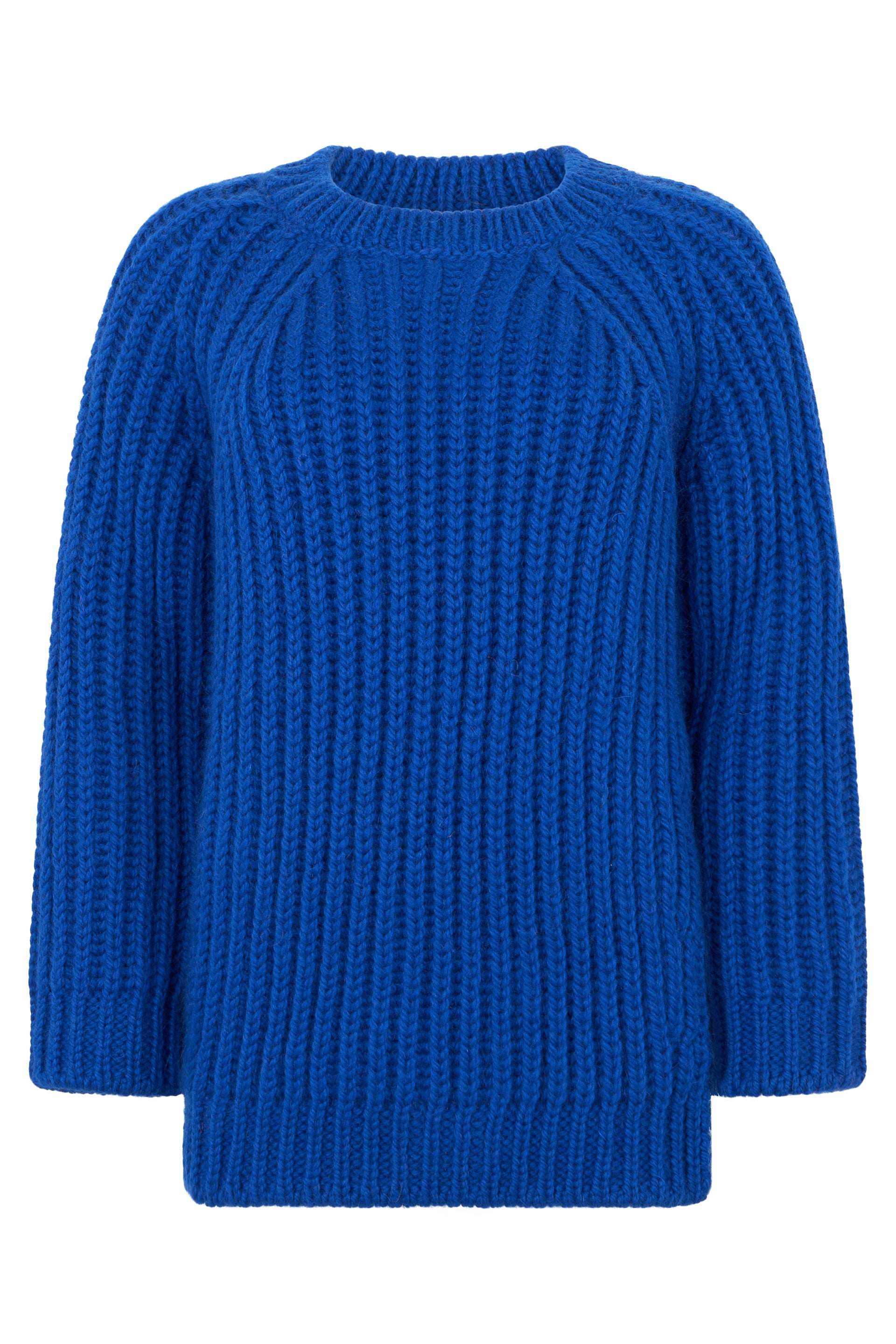 Blue sweater with round neck, minimal and versatile.
