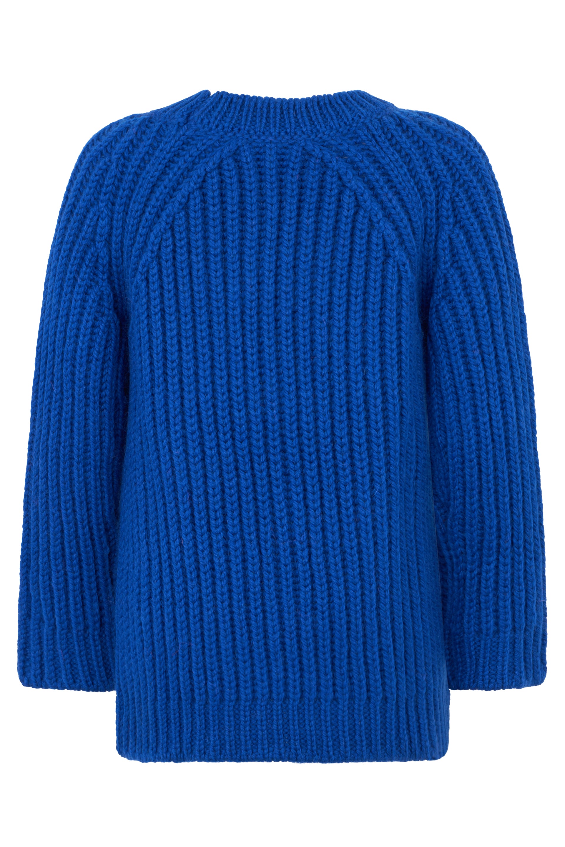 Blue sweater with round neck, minimal and versatile.