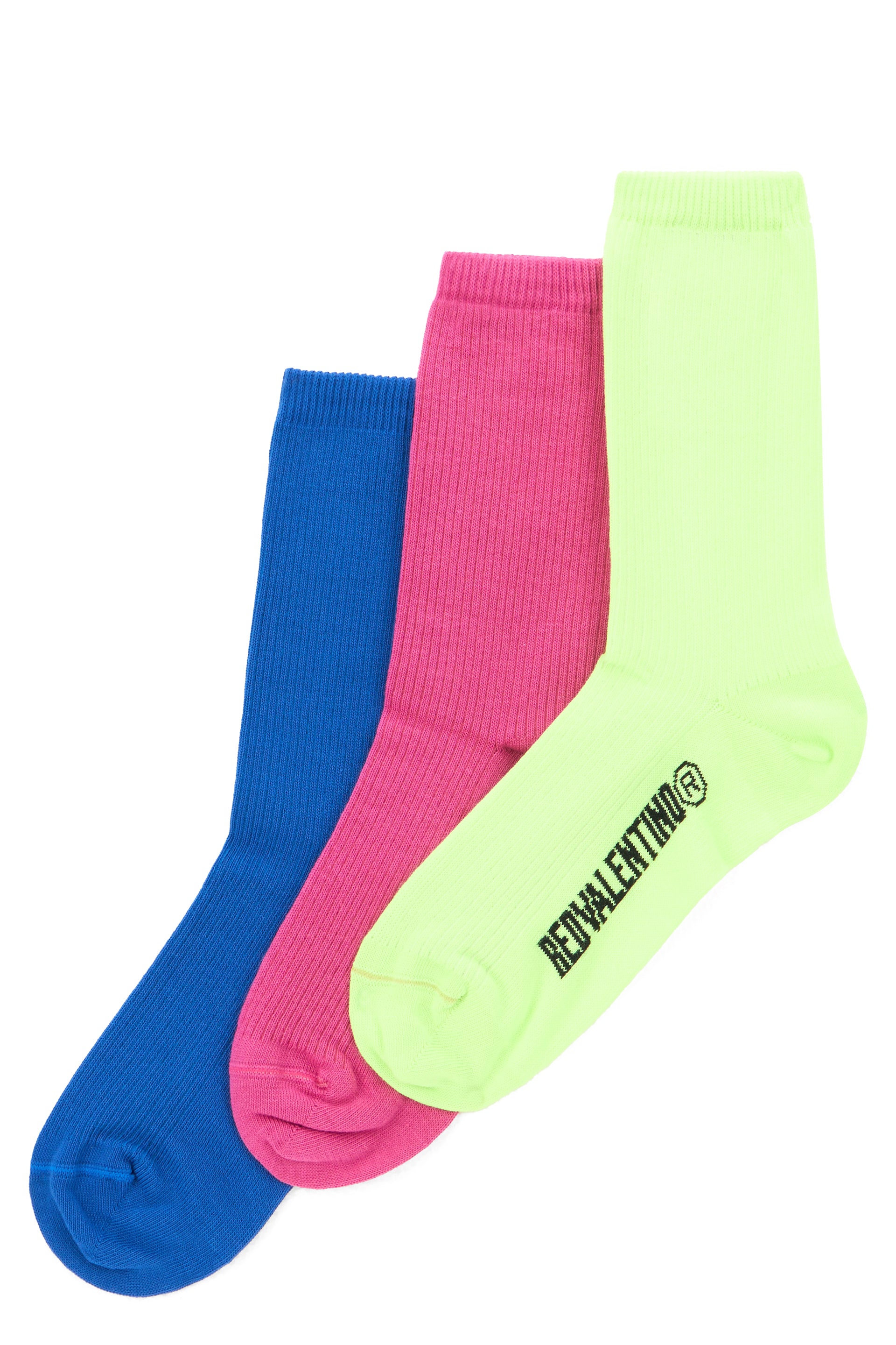 Set of three vibrant colored socks.