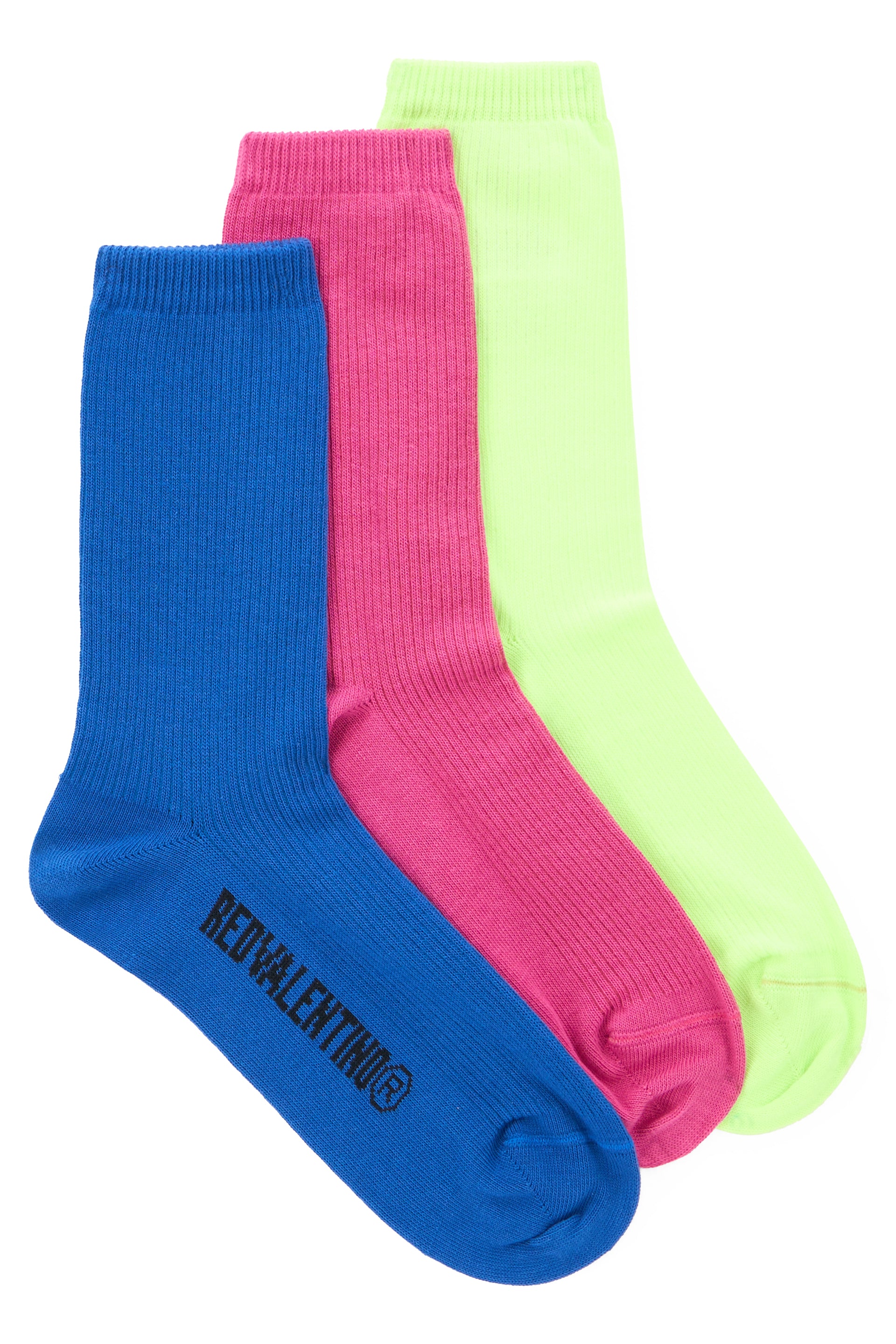 Set of three vibrant colored socks.