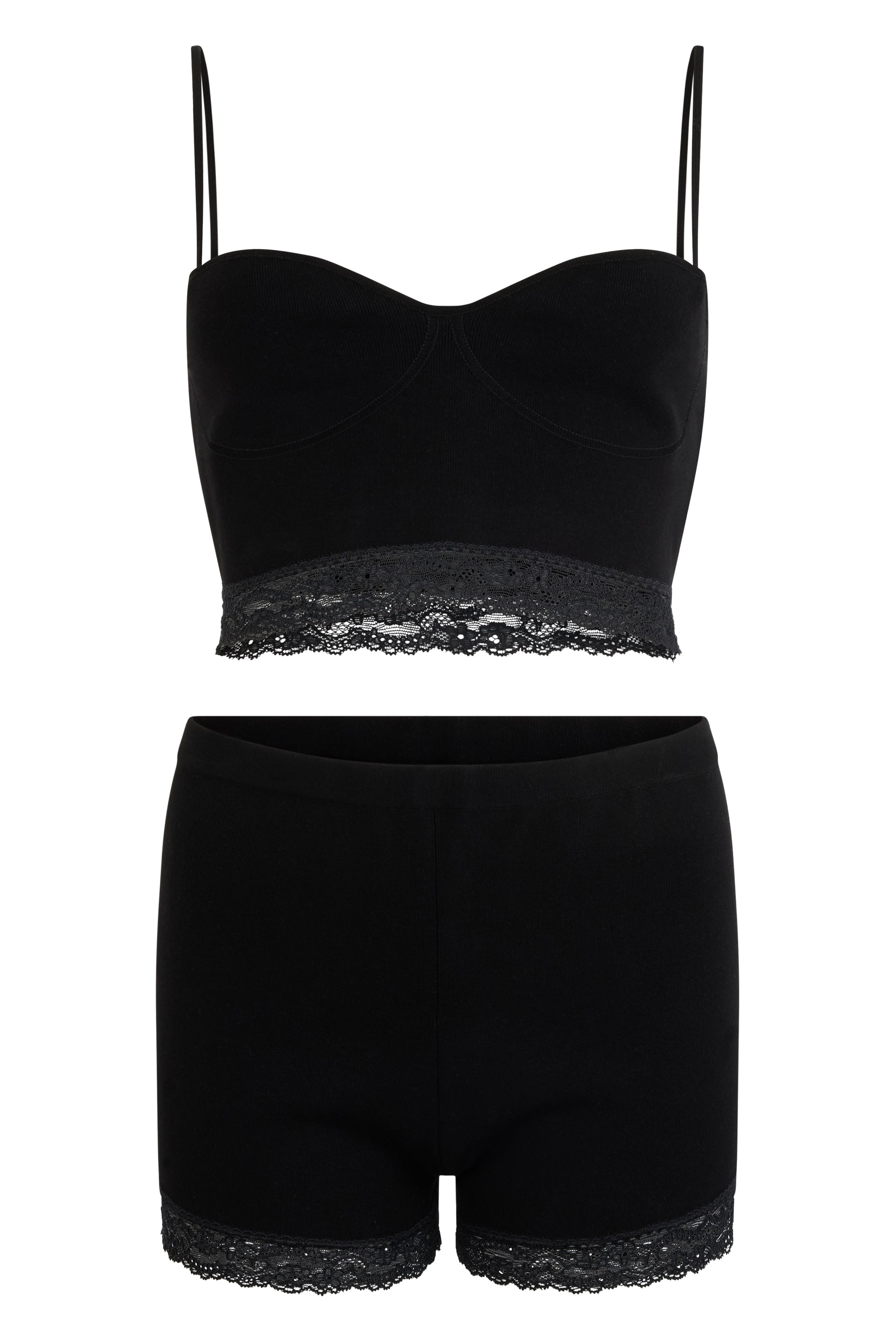 Complete black lingerie set made of a top and shorts with a minimalist design.