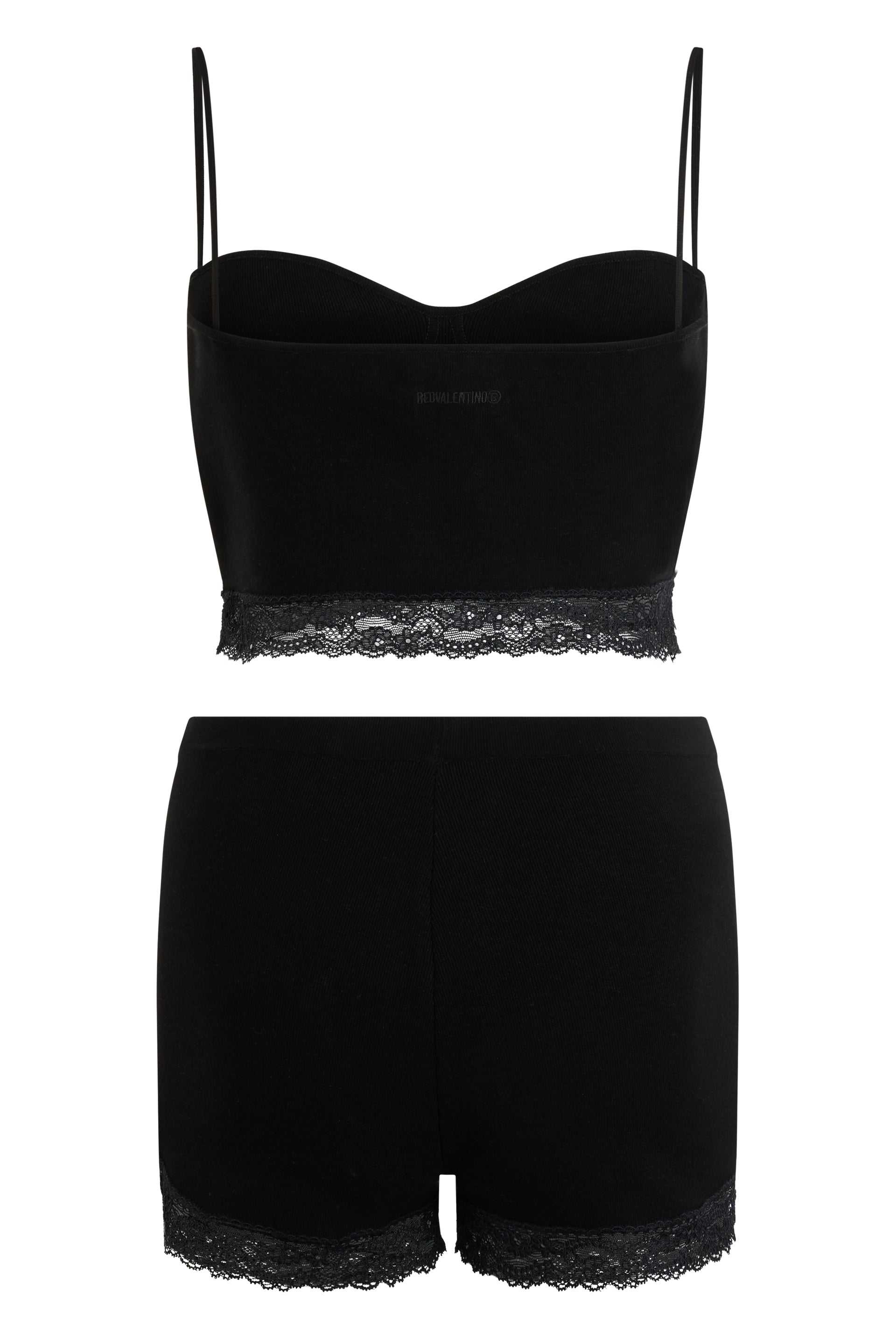 Complete black lingerie set made of a top and shorts with a minimalist design.