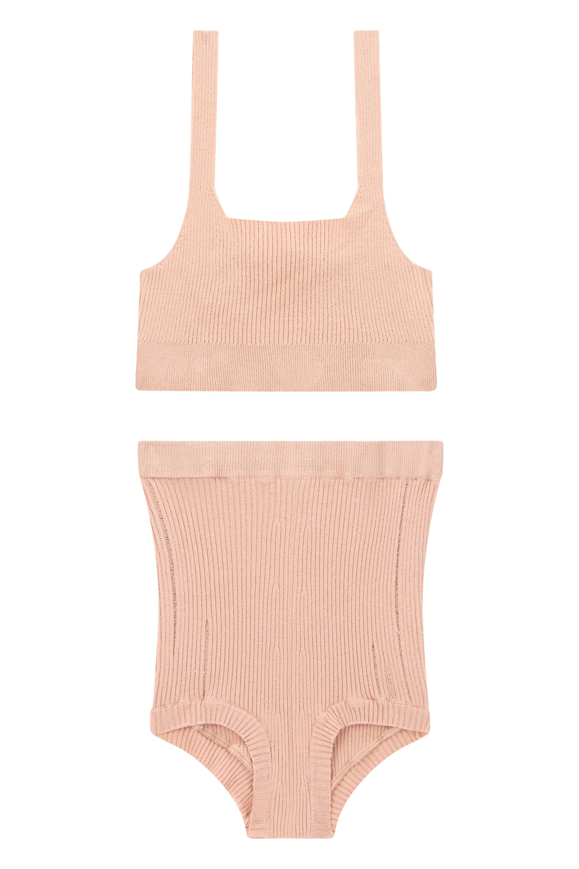 Set consisting of a top and high-waisted briefs in shades of pale pink.