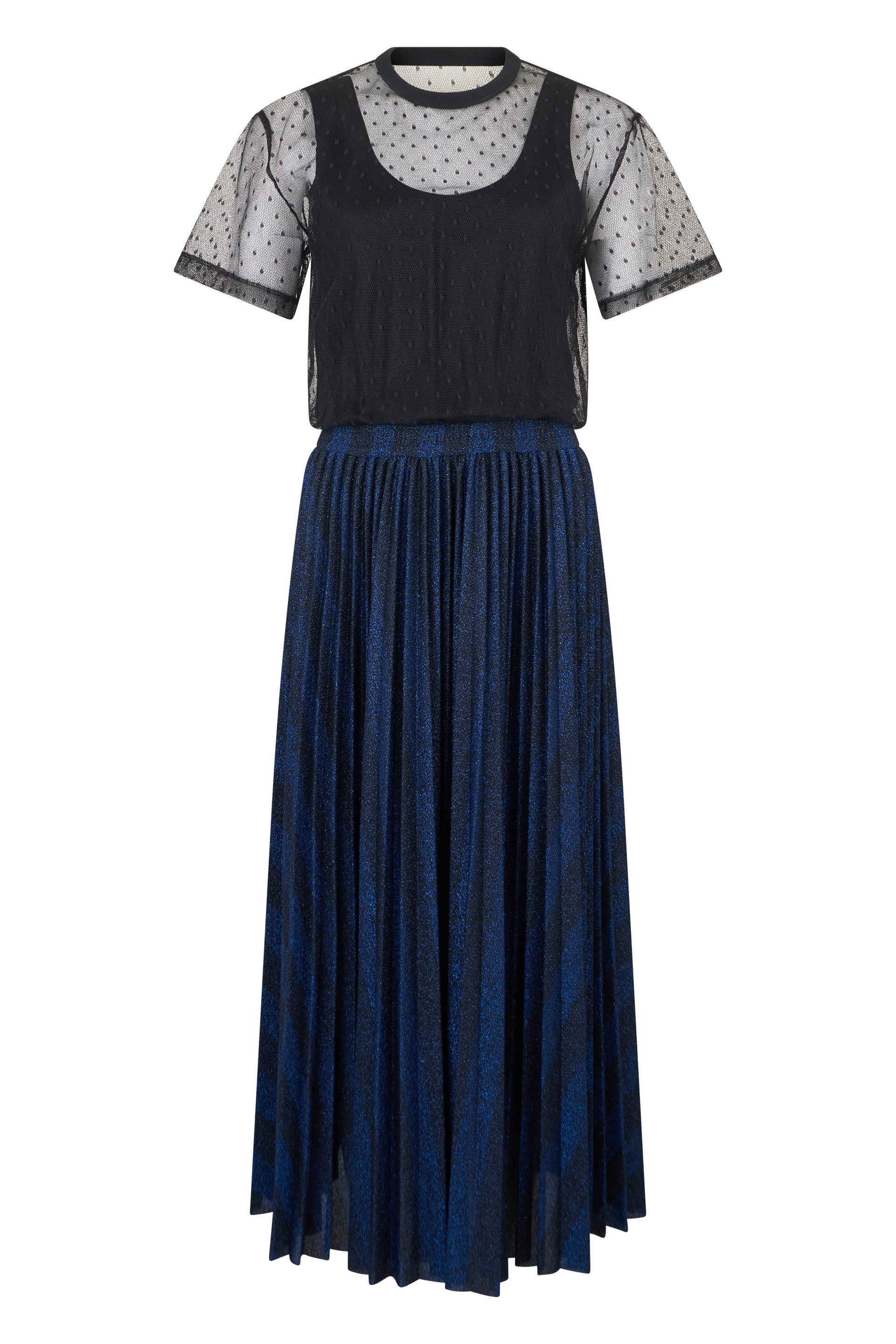 Elegant black dress with translucent sleeves and flowing skirt in shades of blue.