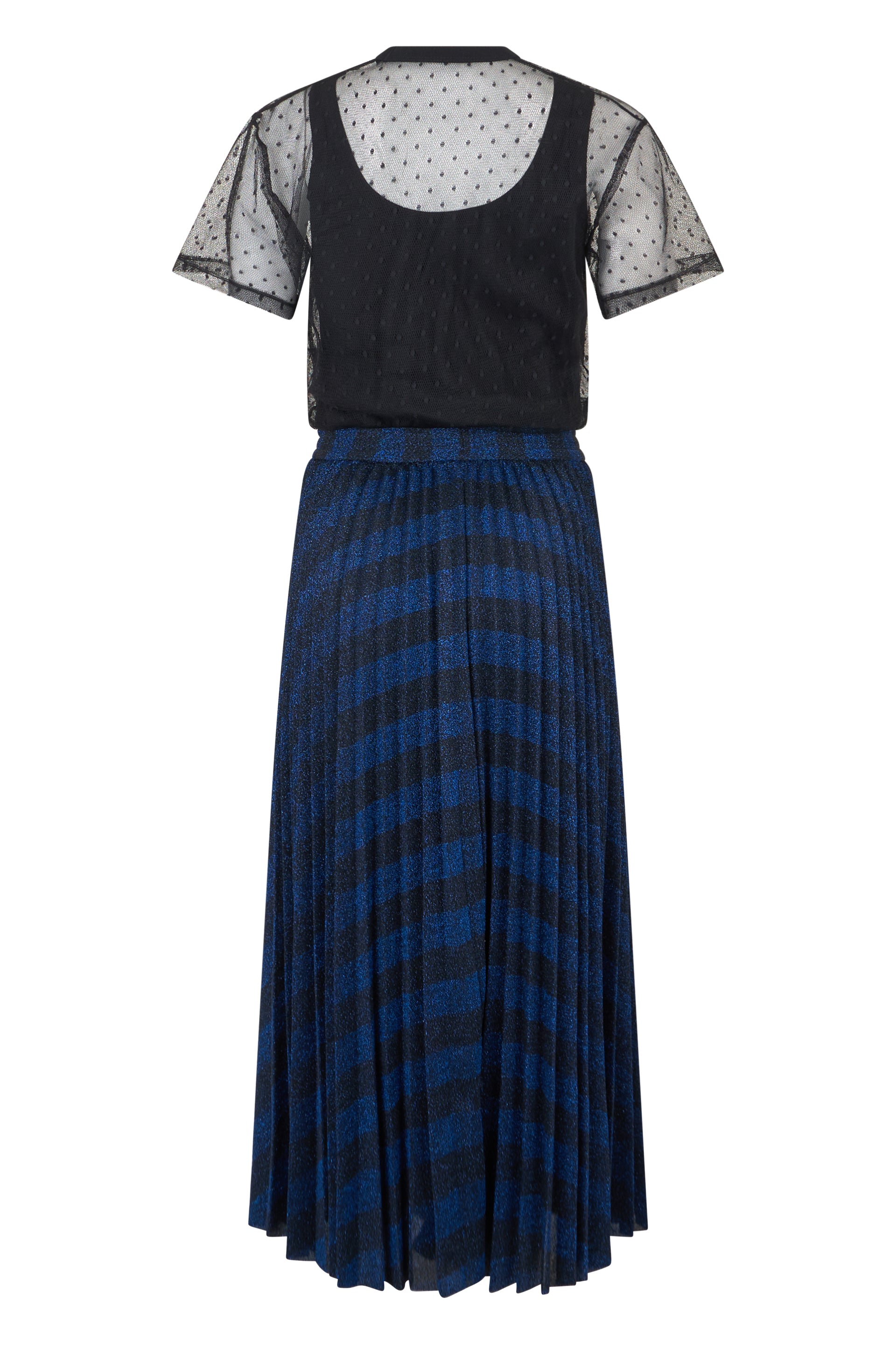 Elegant black dress with translucent sleeves and flowing skirt in shades of blue.