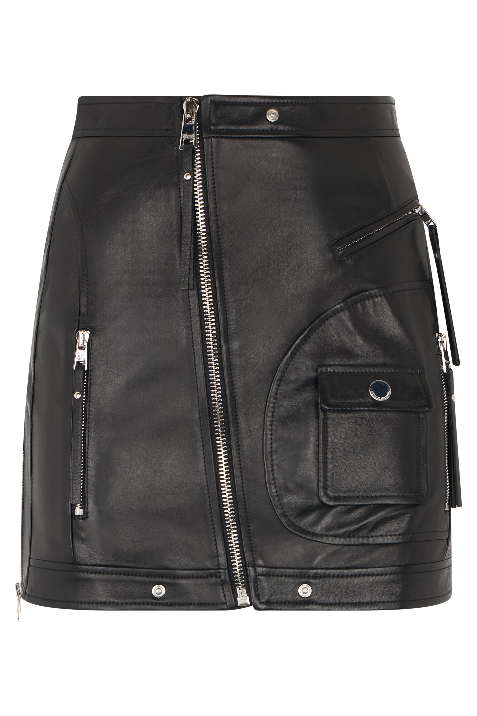 Short black leather skirt with zipper and decorative functional pockets with bold design.