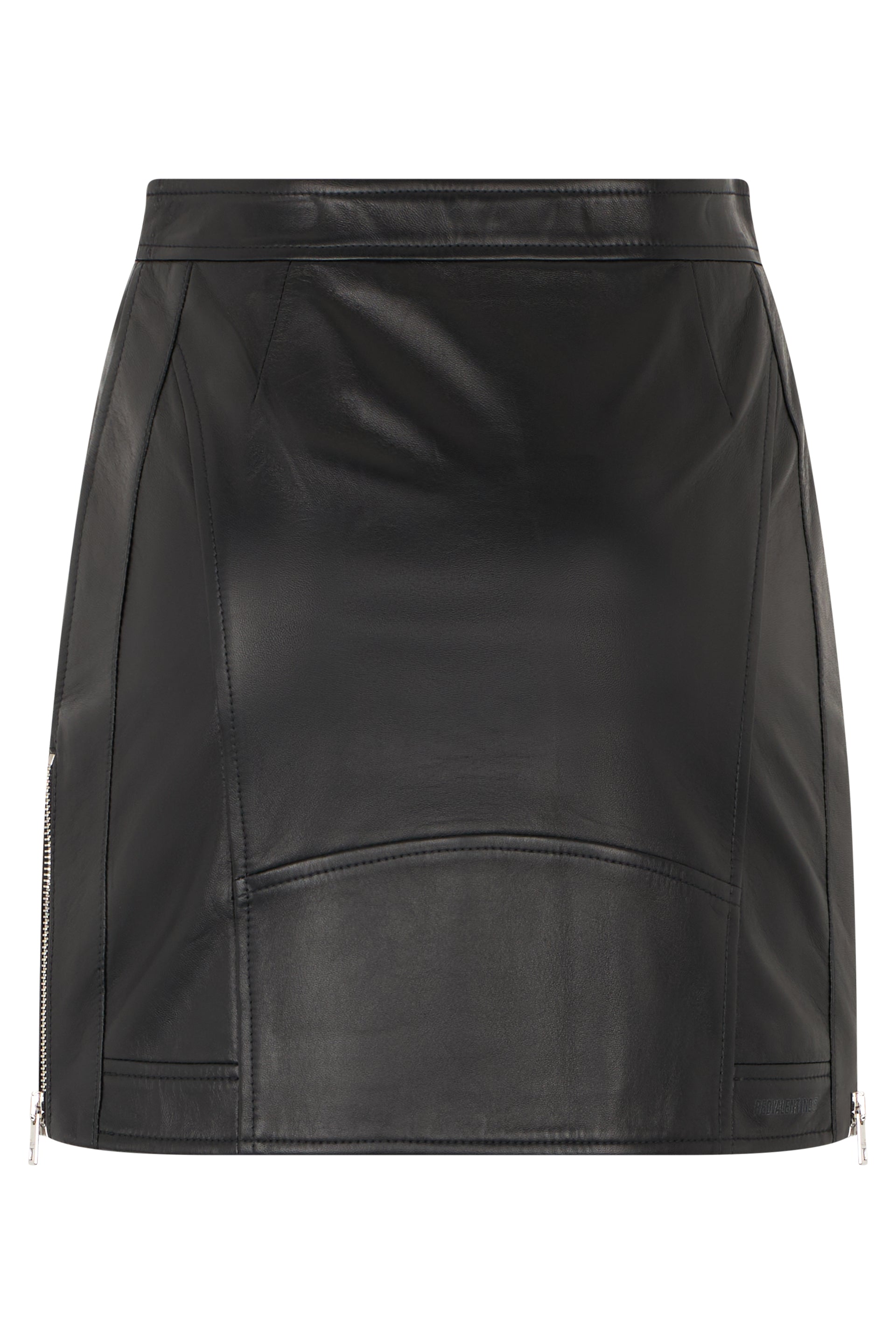 Short black leather skirt with zipper and decorative functional pockets with bold design.