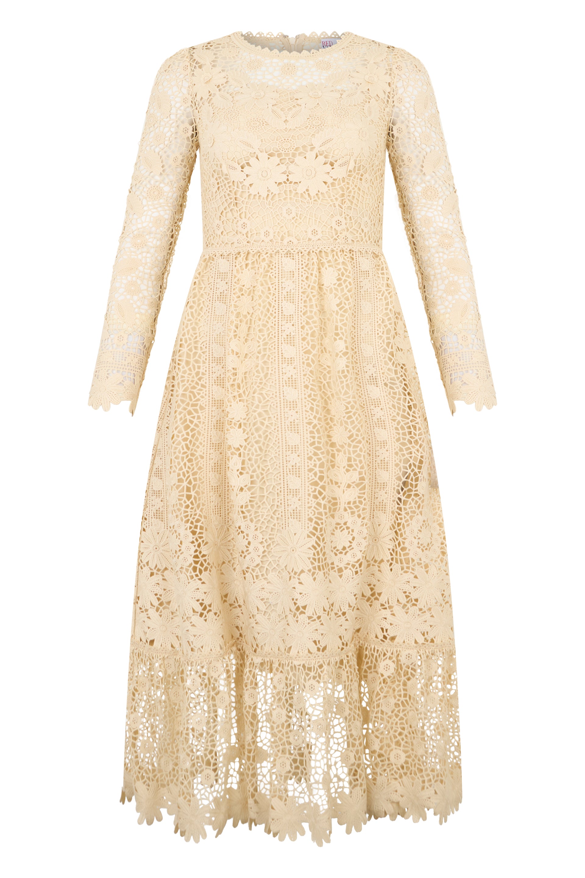 Elegant long dress in refined fabric in beige color.