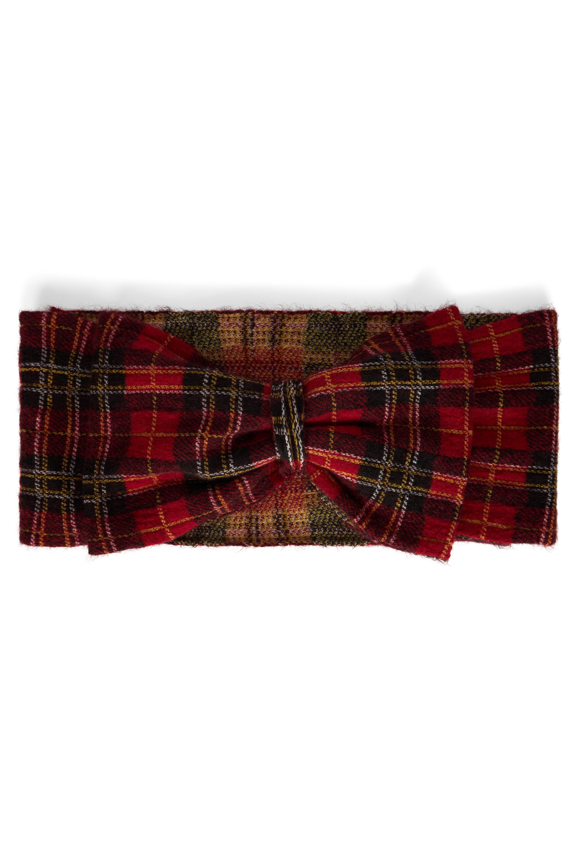 Elegant hairband with red and black tartan pattern.