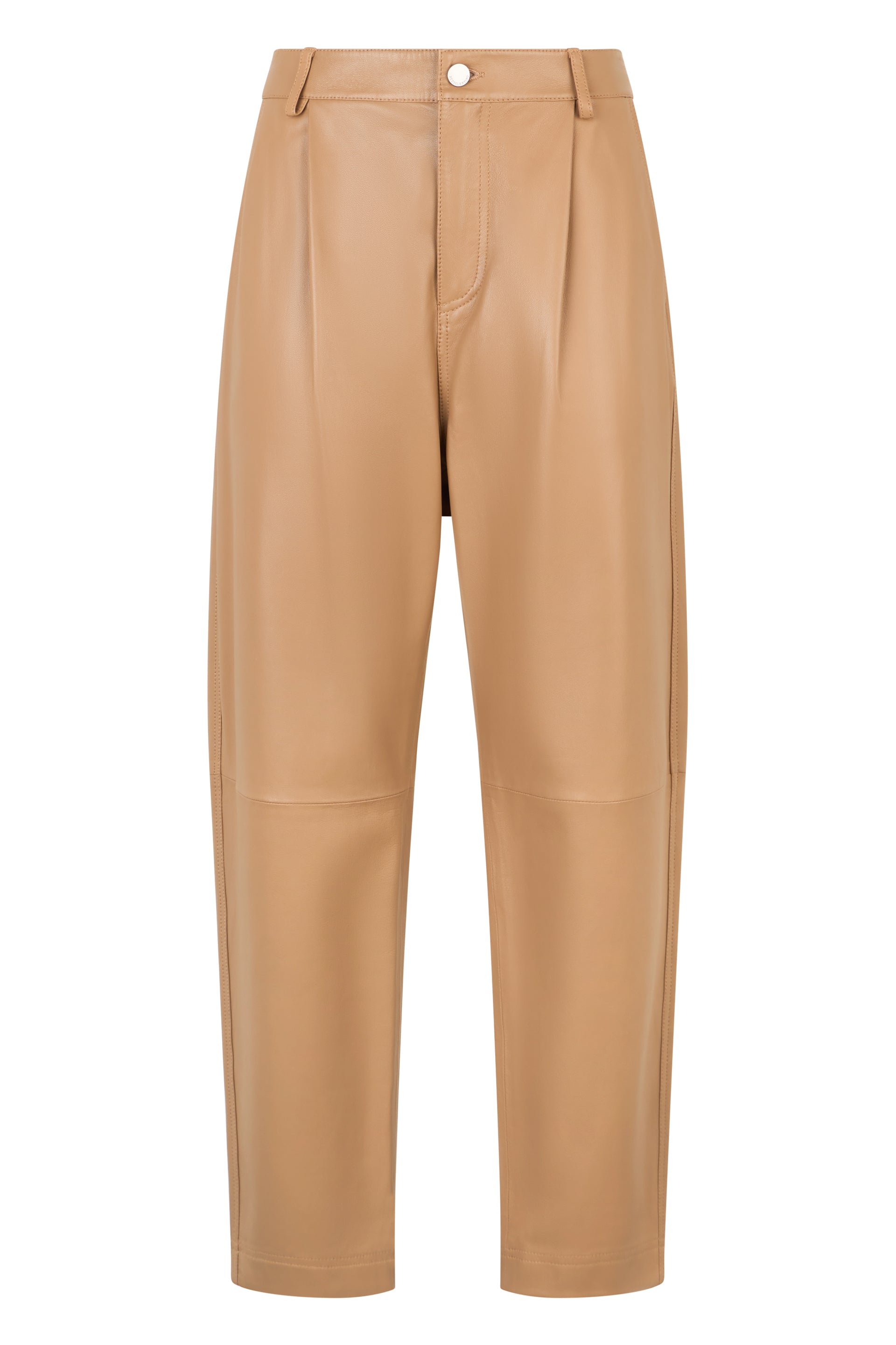 Camel-colored leather high-waisted pants, modern and versatile.