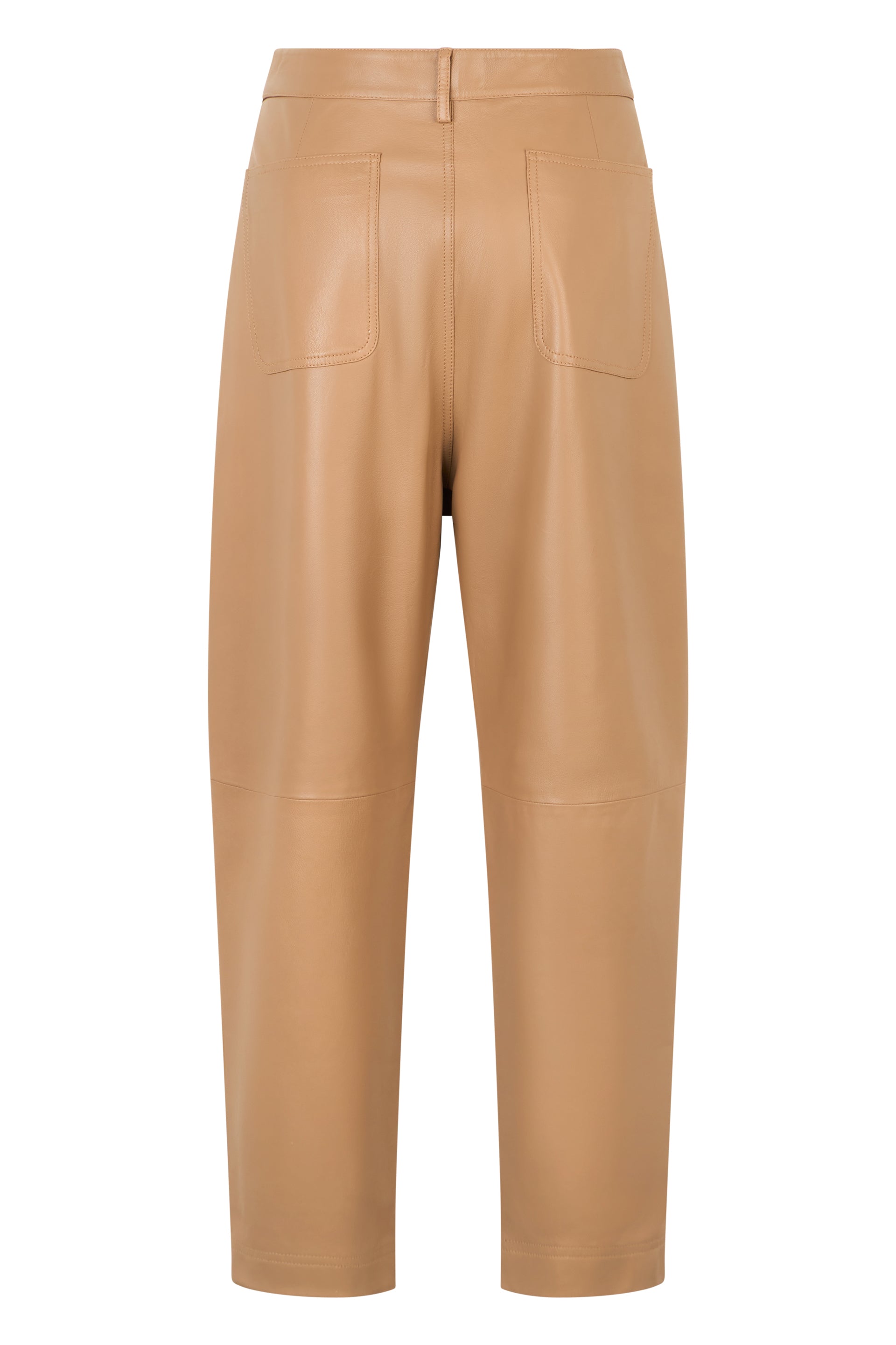 Camel-colored leather high-waisted pants, modern and versatile.
