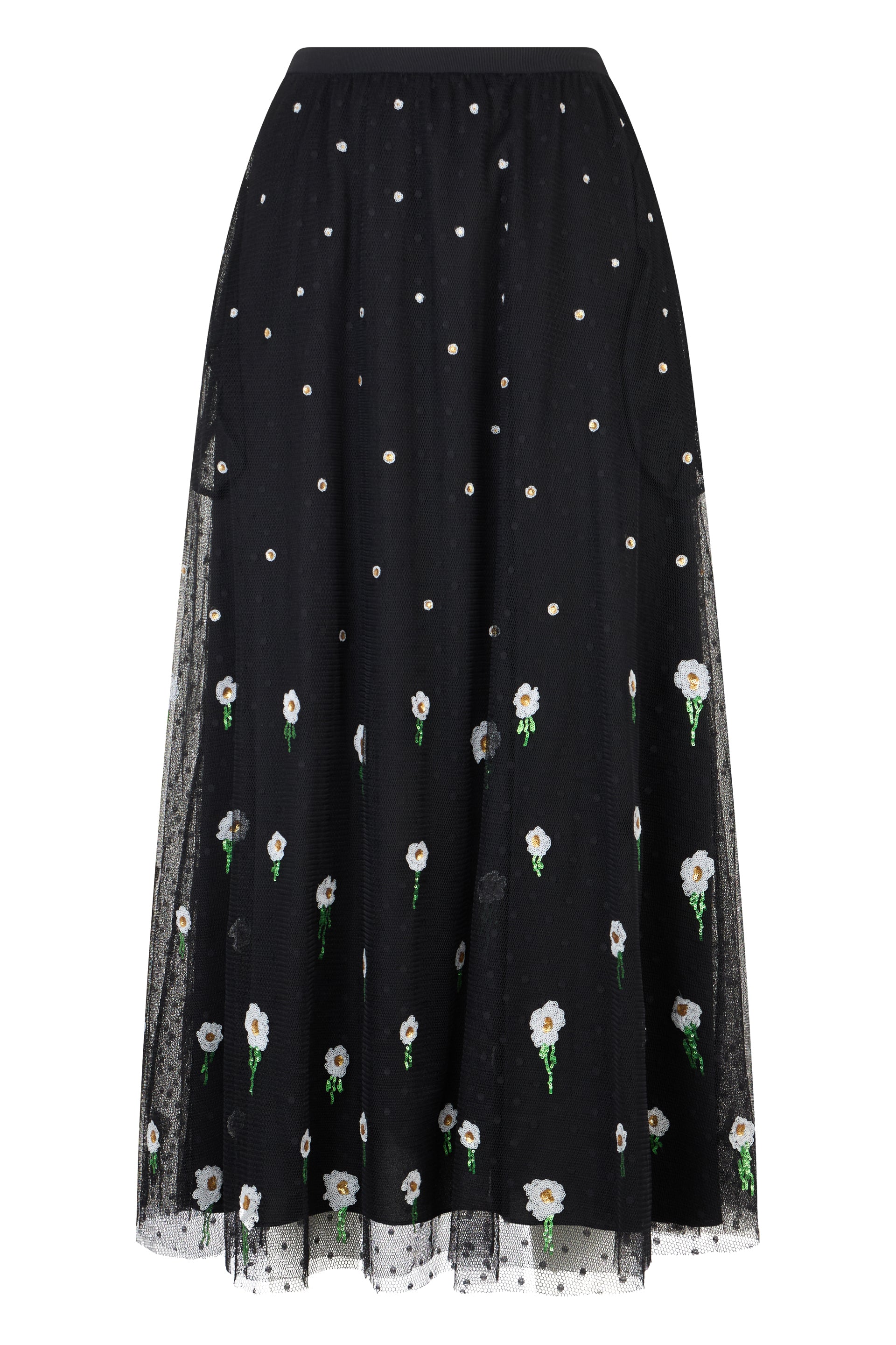 Long black dress with elegant floral appliqués.