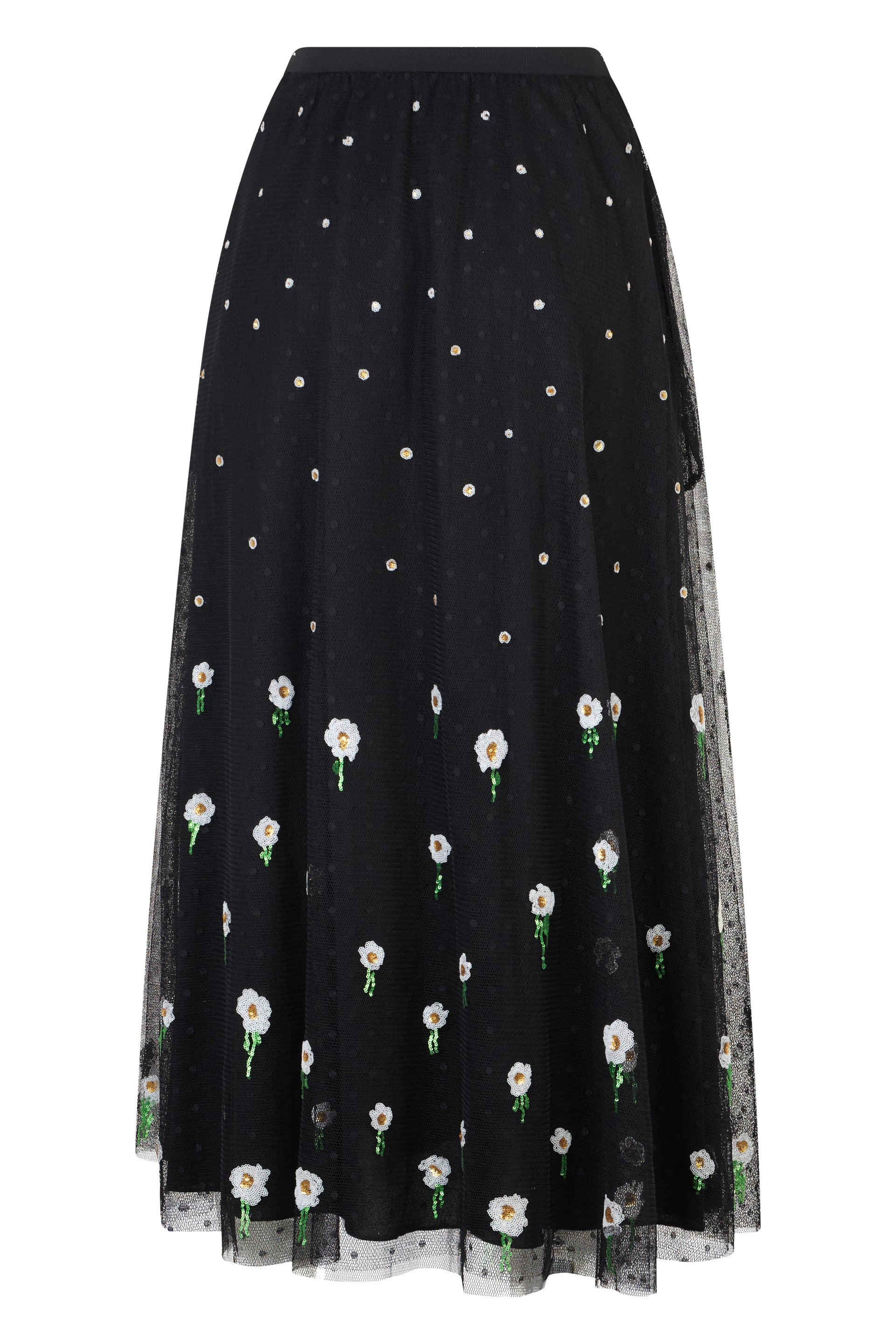 Long black dress with elegant floral appliqués.