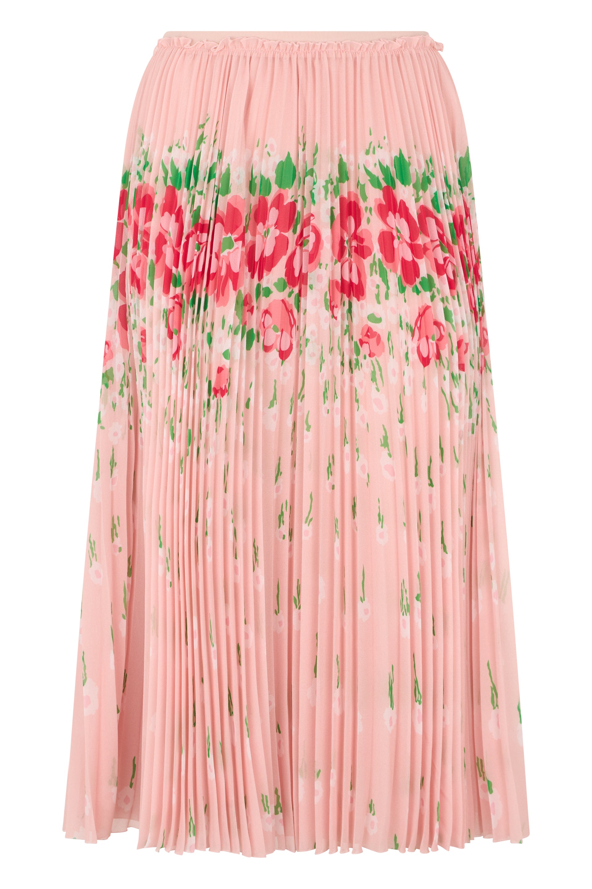 Long pink skirt with elegant floral pattern.
