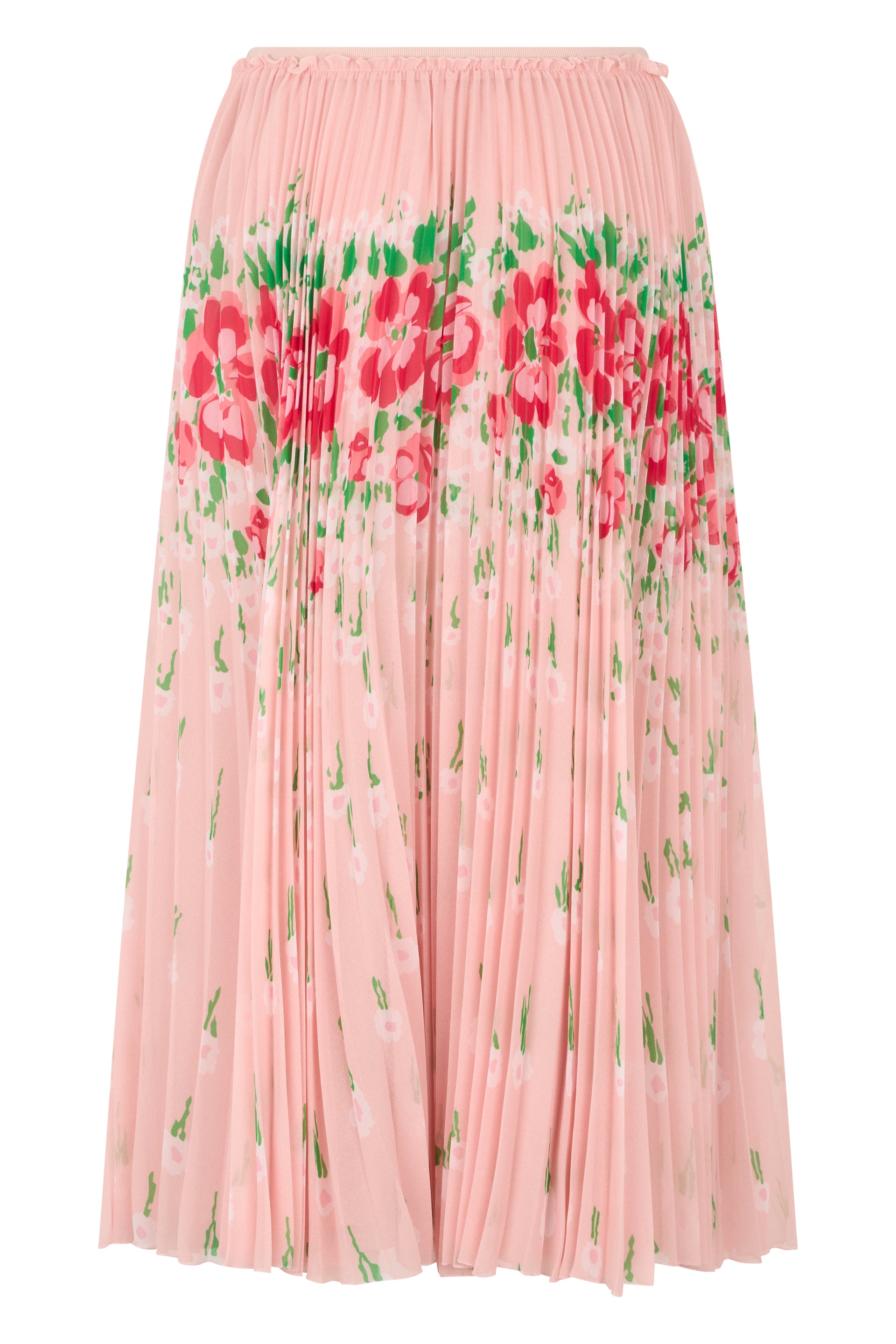 Long pink skirt with elegant floral pattern.
