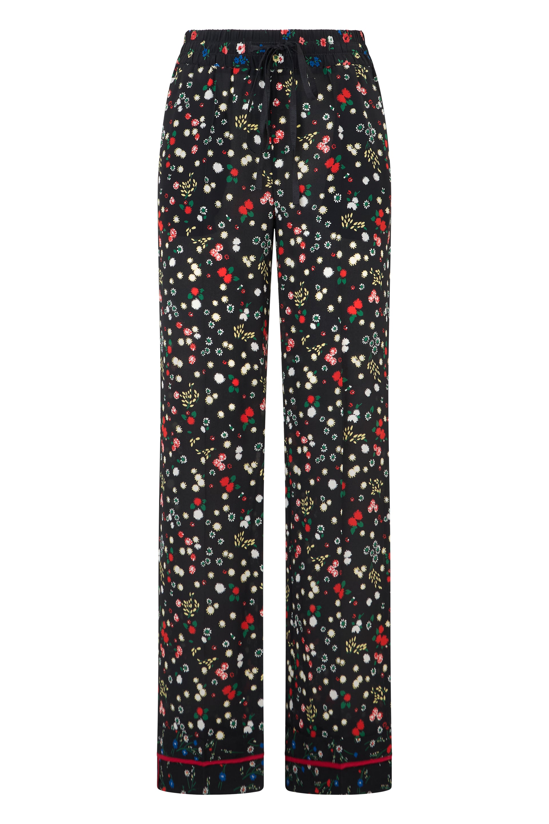 Black pants with floral pattern, versatile and modern.
