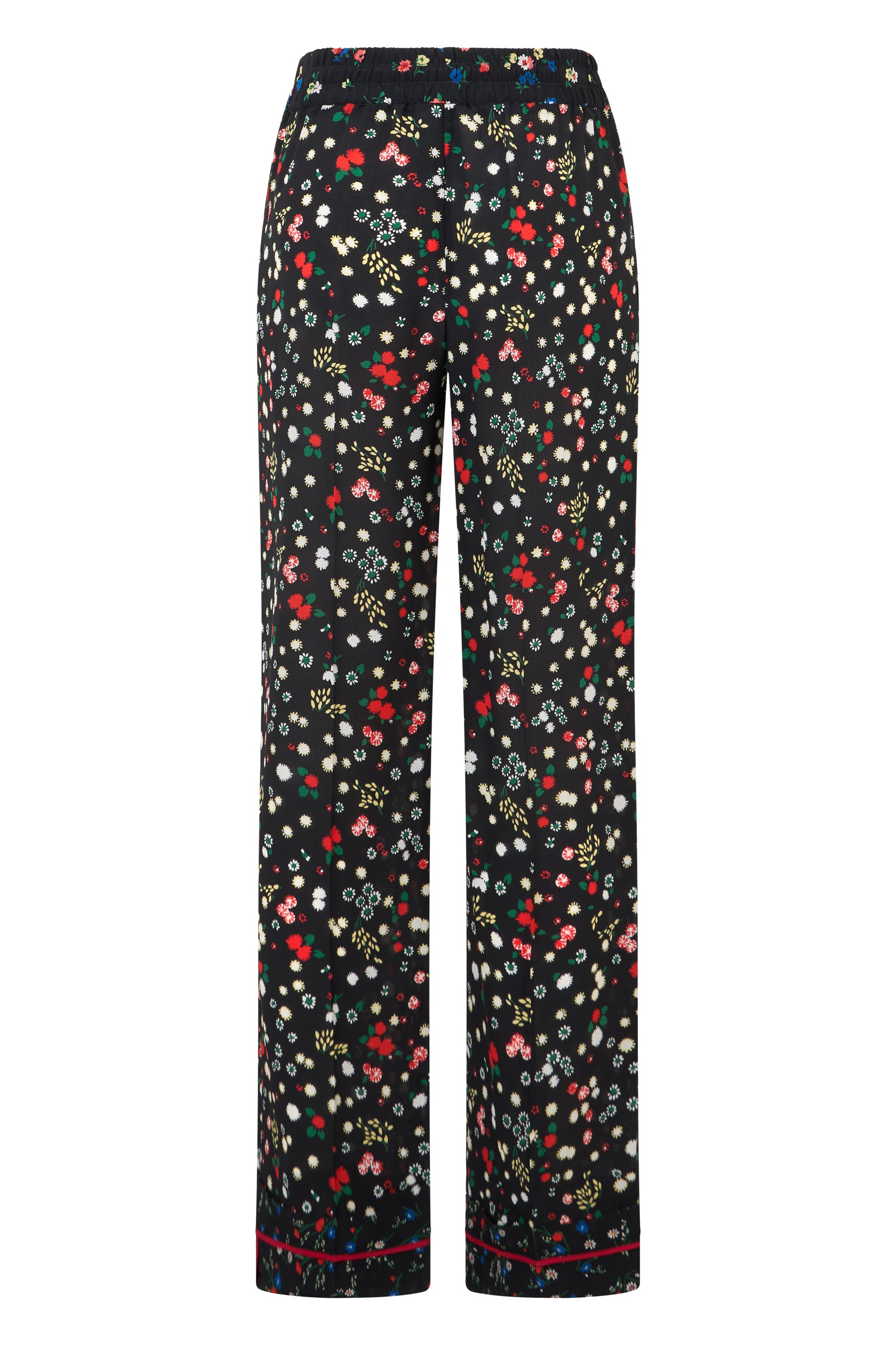 Black pants with floral pattern, versatile and modern.